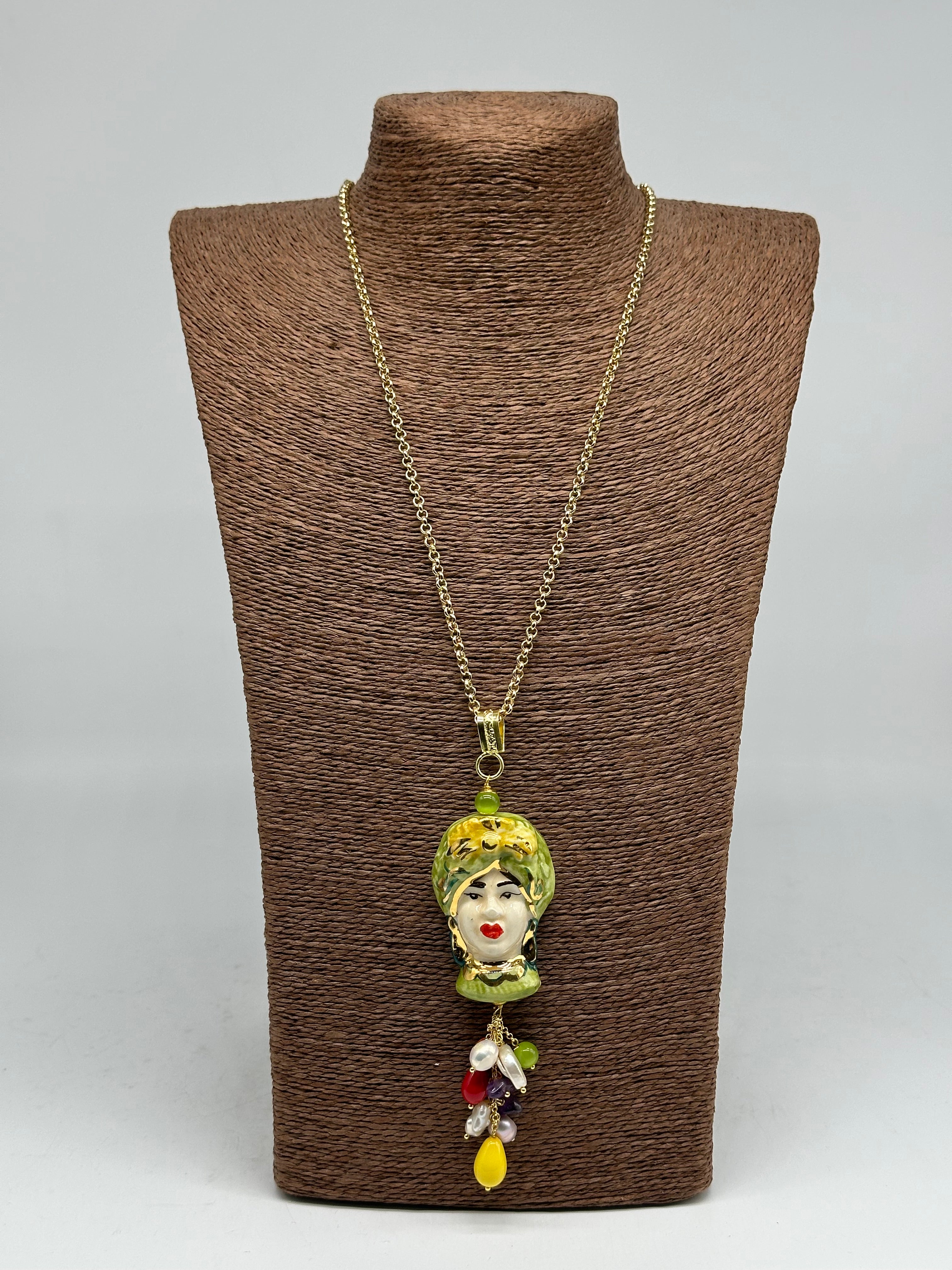 Collana Siciliana Testa di Moro Donna Ceramica di Caltagirone Turbante Verde - COLLANA