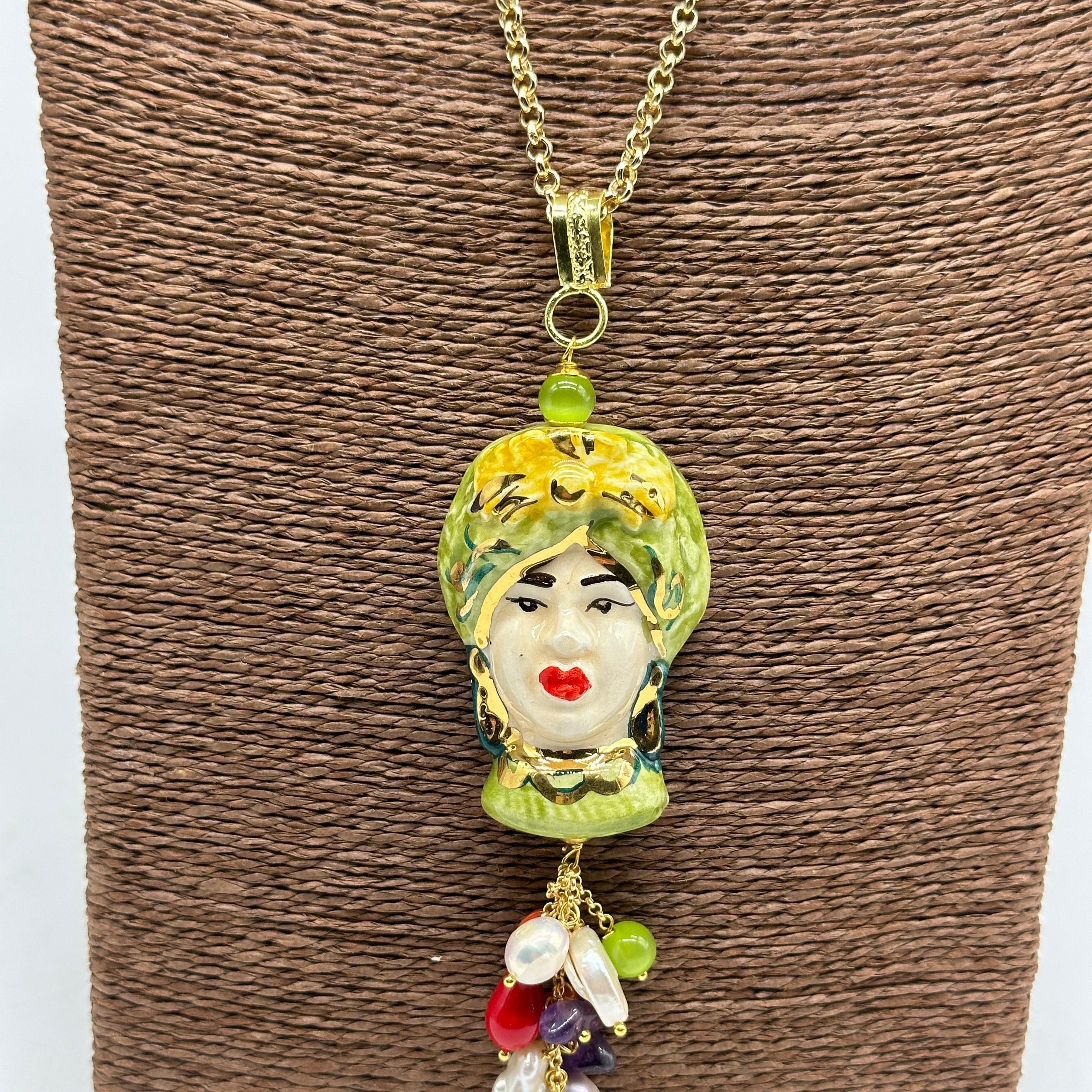 Collana Siciliana Testa di Moro Donna Ceramica di Caltagirone Turbante Verde - COLLANA