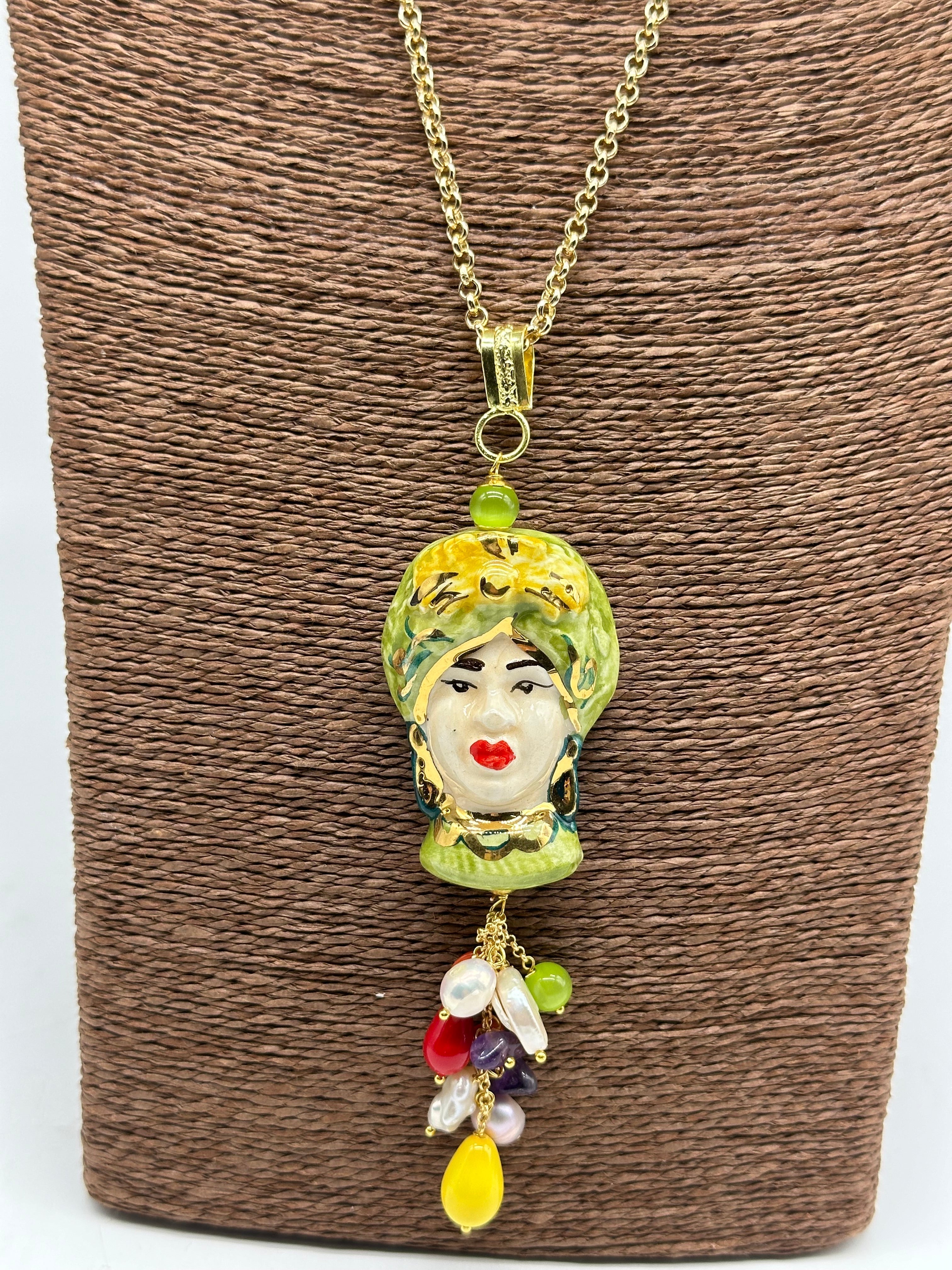 Collana Siciliana Testa di Moro Donna Ceramica di Caltagirone Turbante Verde - COLLANA