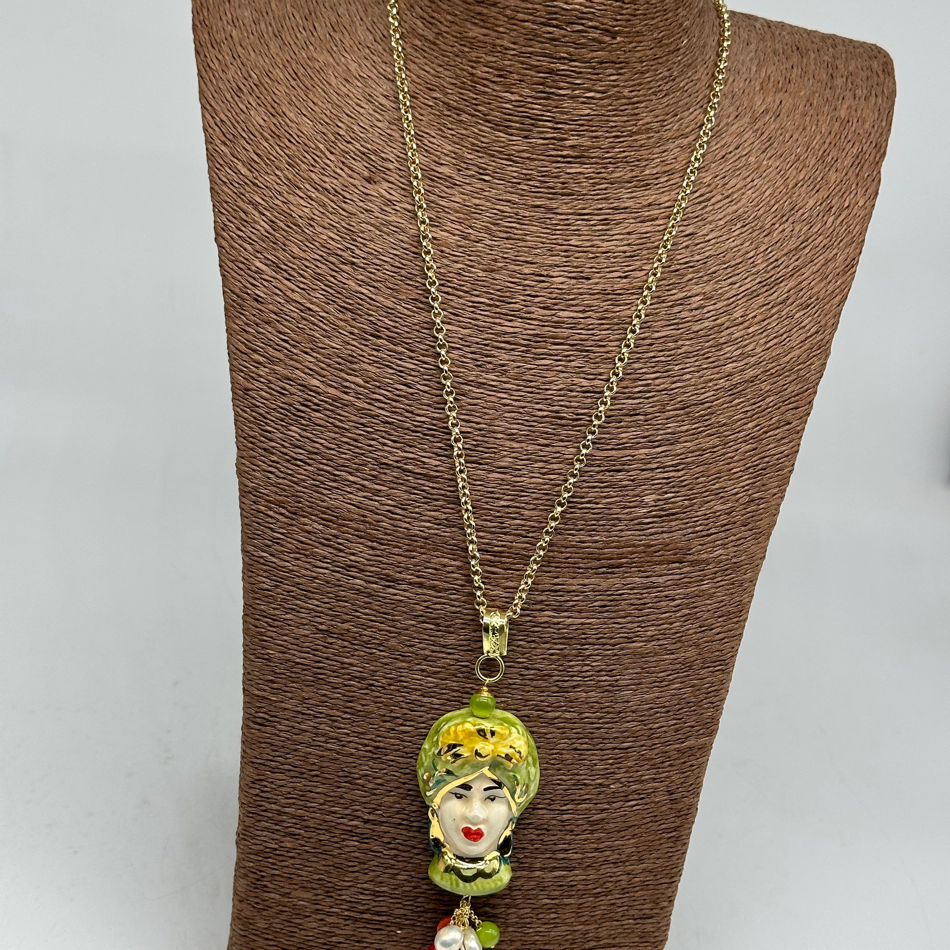 Collana Siciliana Testa di Moro Donna Ceramica di Caltagirone Turbante Verde - COLLANA