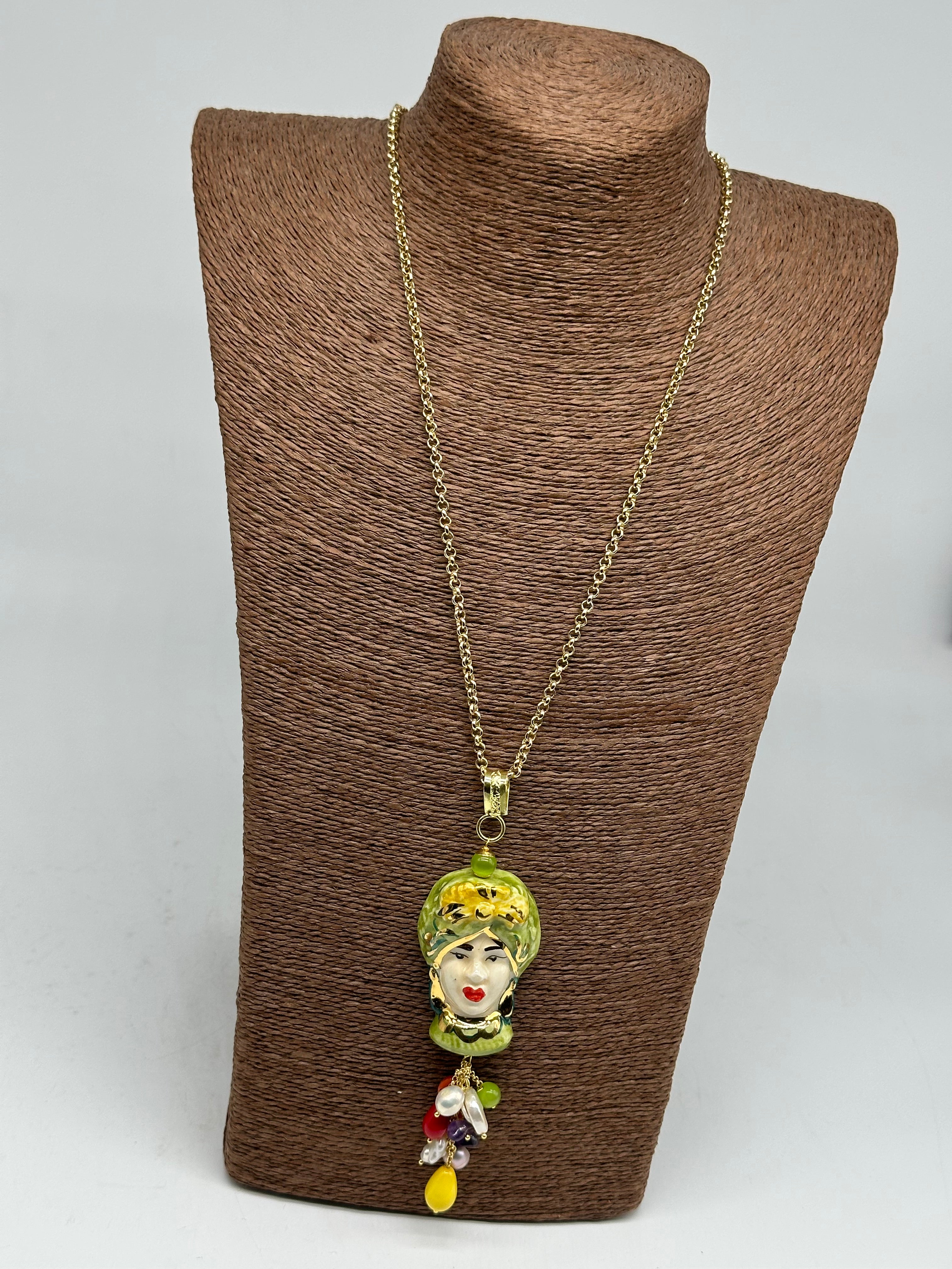 Collana Siciliana Testa di Moro Donna Ceramica di Caltagirone Turbante Verde - COLLANA