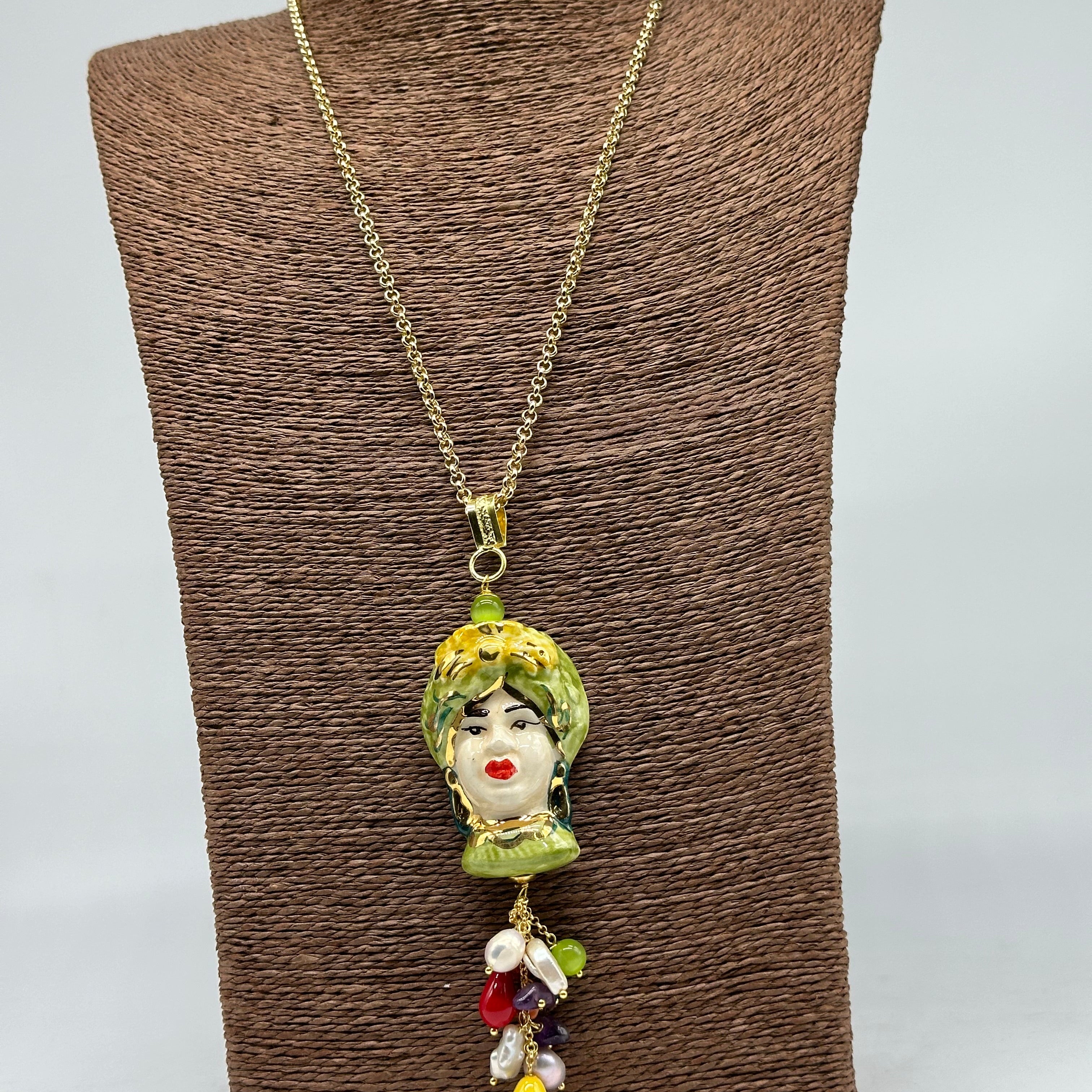 Collana Siciliana Testa di Moro Donna Ceramica di Caltagirone Turbante Verde - COLLANA