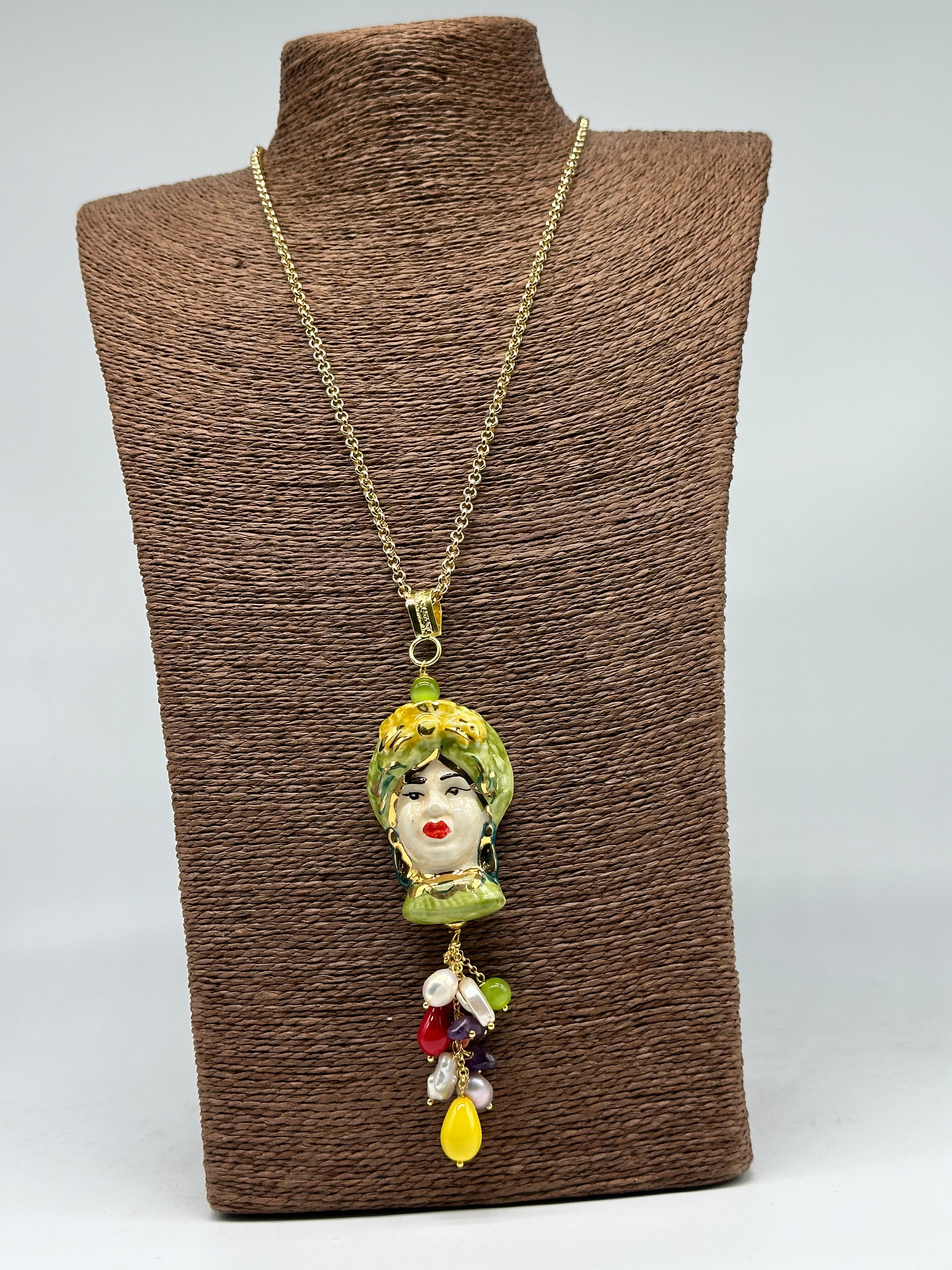 Collana Siciliana Testa di Moro Donna Ceramica di Caltagirone Turbante Verde - COLLANA