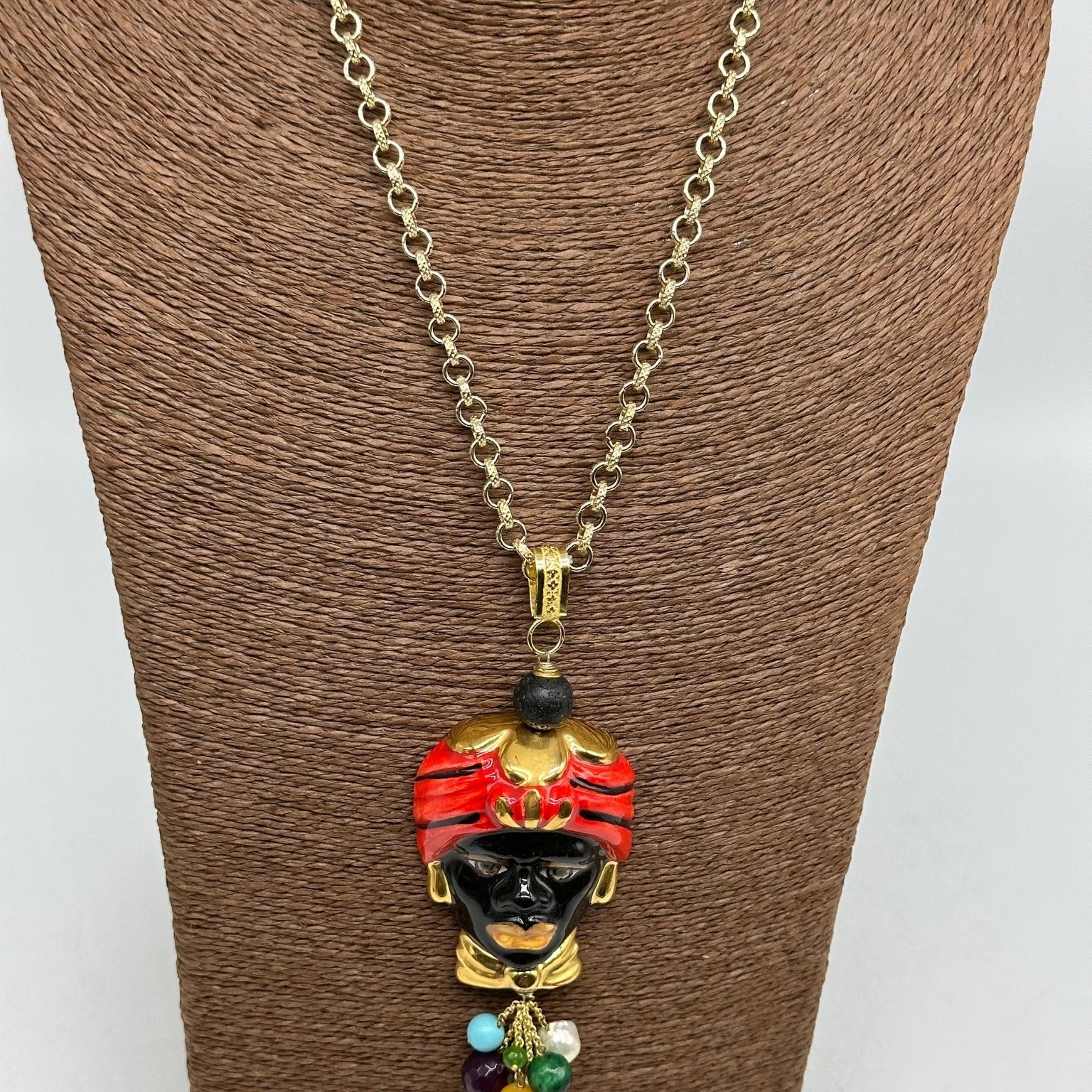 Collana Siciliana Testa di Moro Ceramica di Caltagirone Turbante Rosso Decorato - DD CERAMICHE SICILIANE