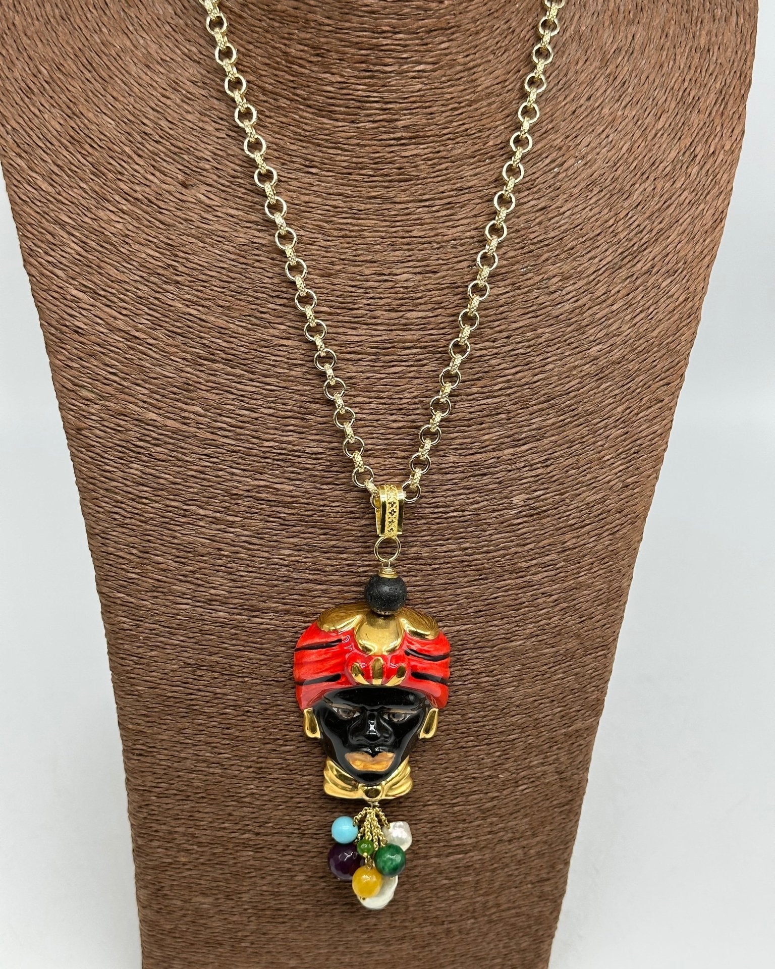 Collana Siciliana Testa di Moro Ceramica di Caltagirone Turbante Rosso Decorato - DD CERAMICHE SICILIANE