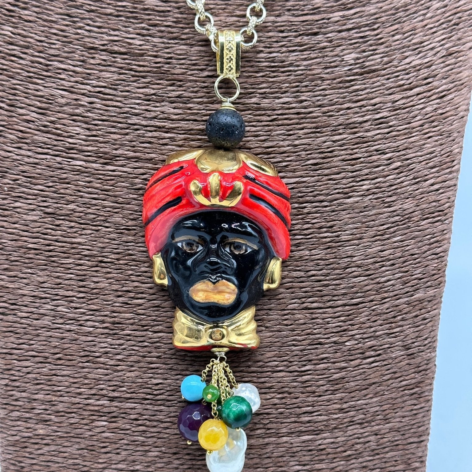 Collana Siciliana Testa di Moro Ceramica di Caltagirone Turbante Rosso Decorato - DD CERAMICHE SICILIANE