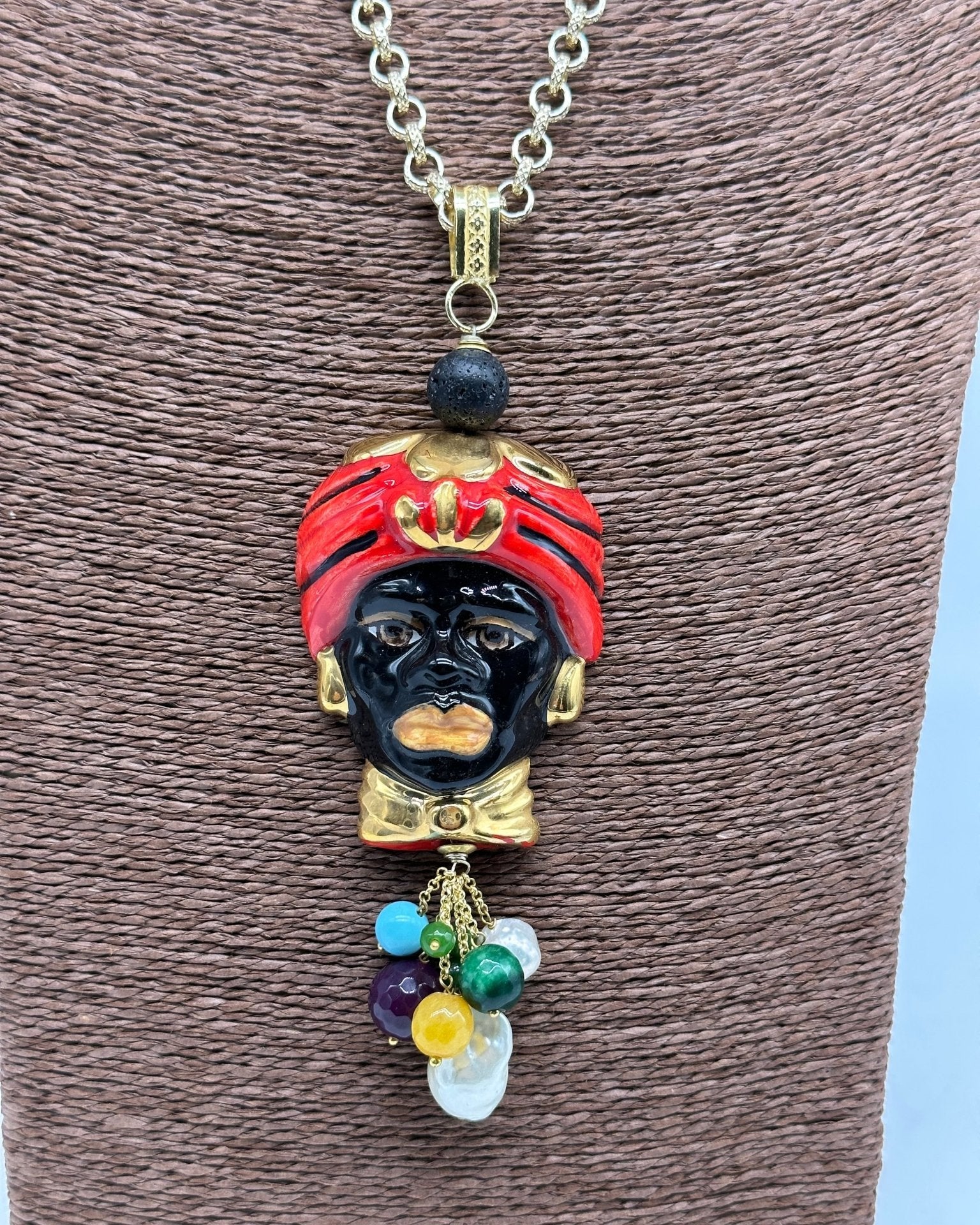 Collana Siciliana Testa di Moro Ceramica di Caltagirone Turbante Rosso Decorato - DD CERAMICHE SICILIANE