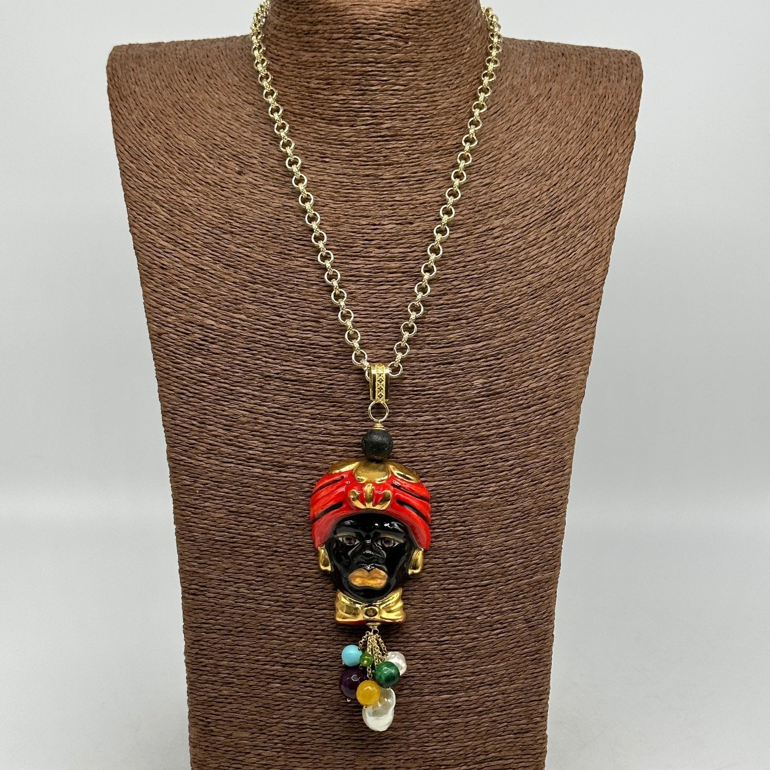 Collana Siciliana Testa di Moro Ceramica di Caltagirone Turbante Rosso Decorato - DD CERAMICHE SICILIANE