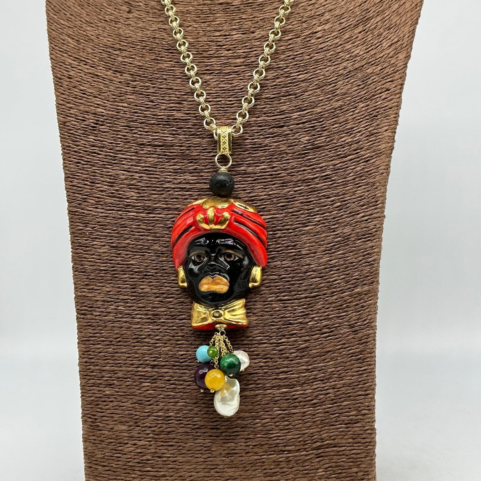 Collana Siciliana Testa di Moro Ceramica di Caltagirone Turbante Rosso Decorato - DD CERAMICHE SICILIANE