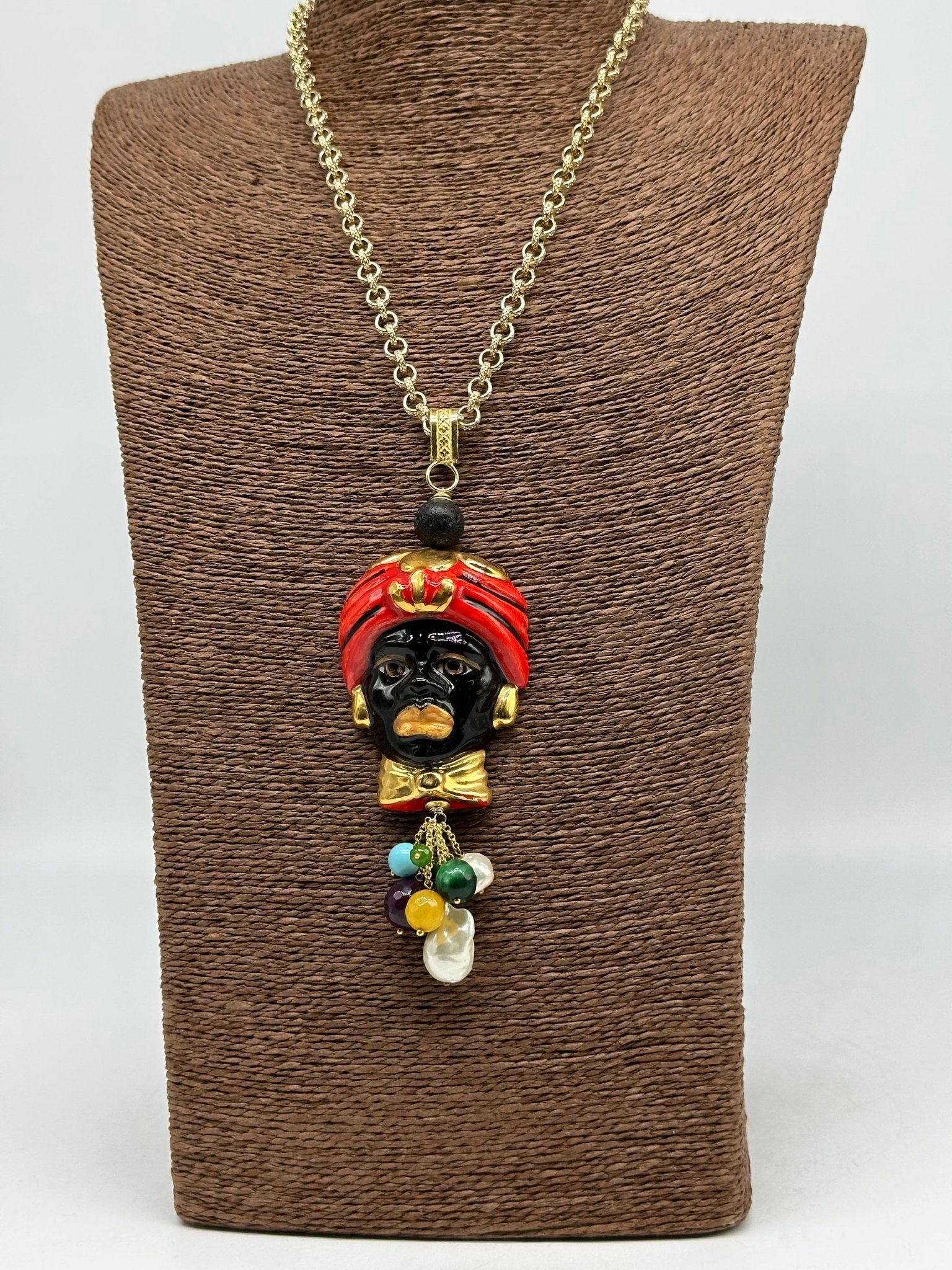 Collana Siciliana Testa di Moro Ceramica di Caltagirone Turbante Rosso Decorato - DD CERAMICHE SICILIANE