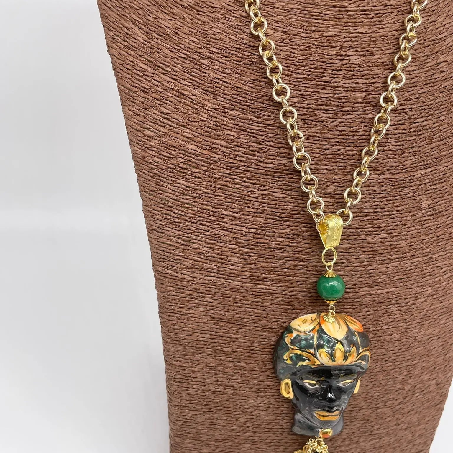 Collana Siciliana Testa di Moro Ceramica di Caltagirone Turbante Verde Decorato - DD CERAMICHE SICILIANE