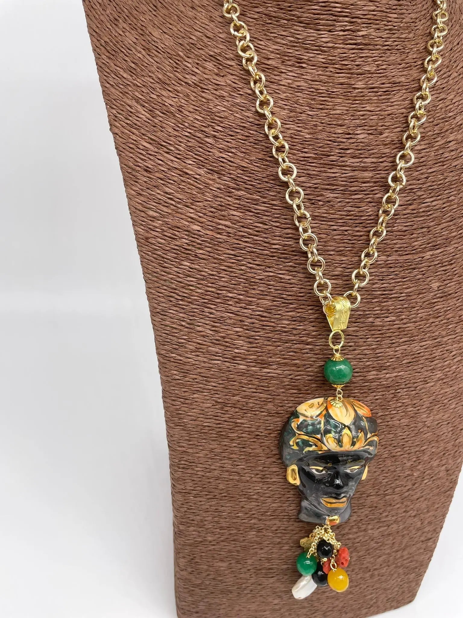 Collana Siciliana Testa di Moro Ceramica di Caltagirone Turbante Verde Decorato - DD CERAMICHE SICILIANE