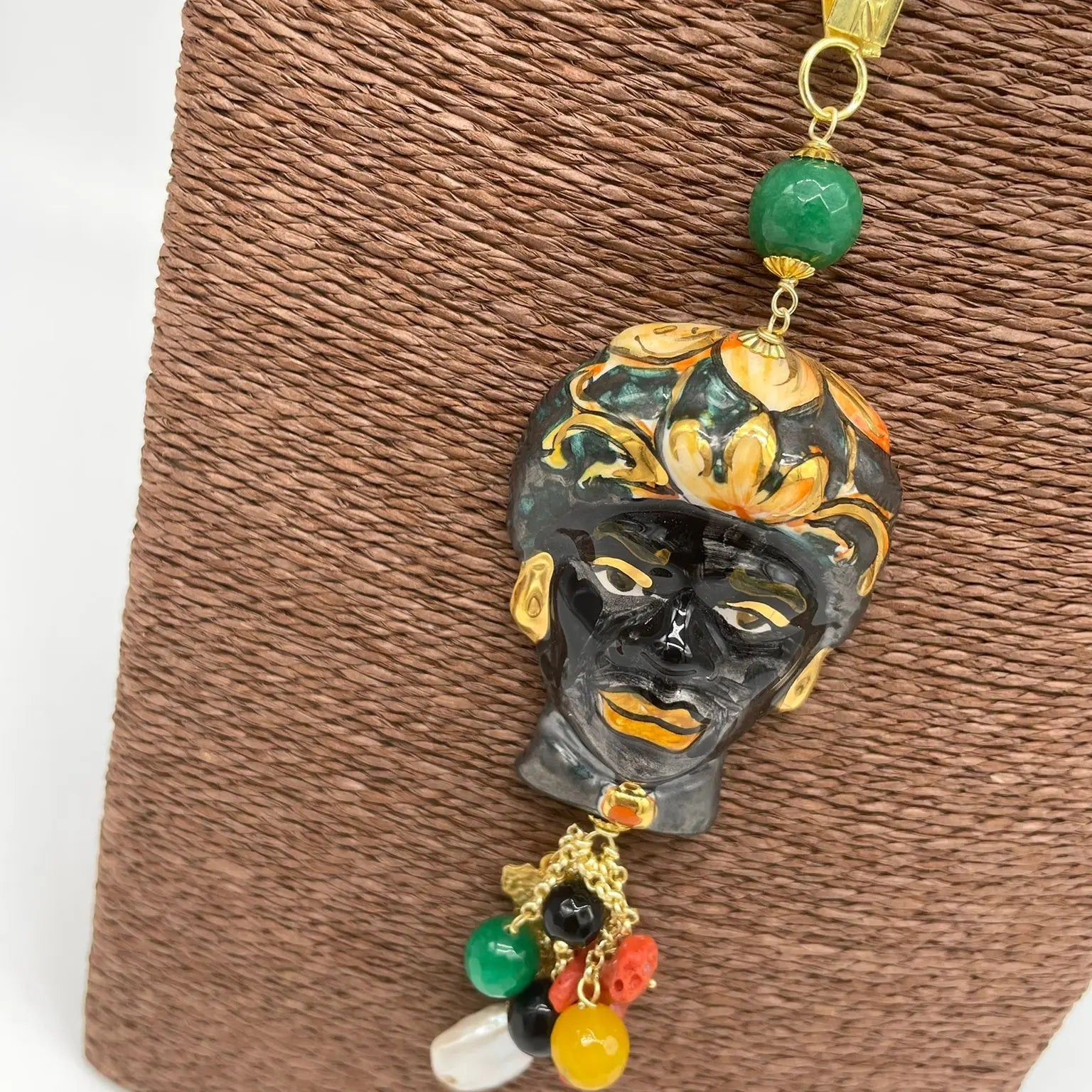 Collana Siciliana Testa di Moro Ceramica di Caltagirone Turbante Verde Decorato - DD CERAMICHE SICILIANE