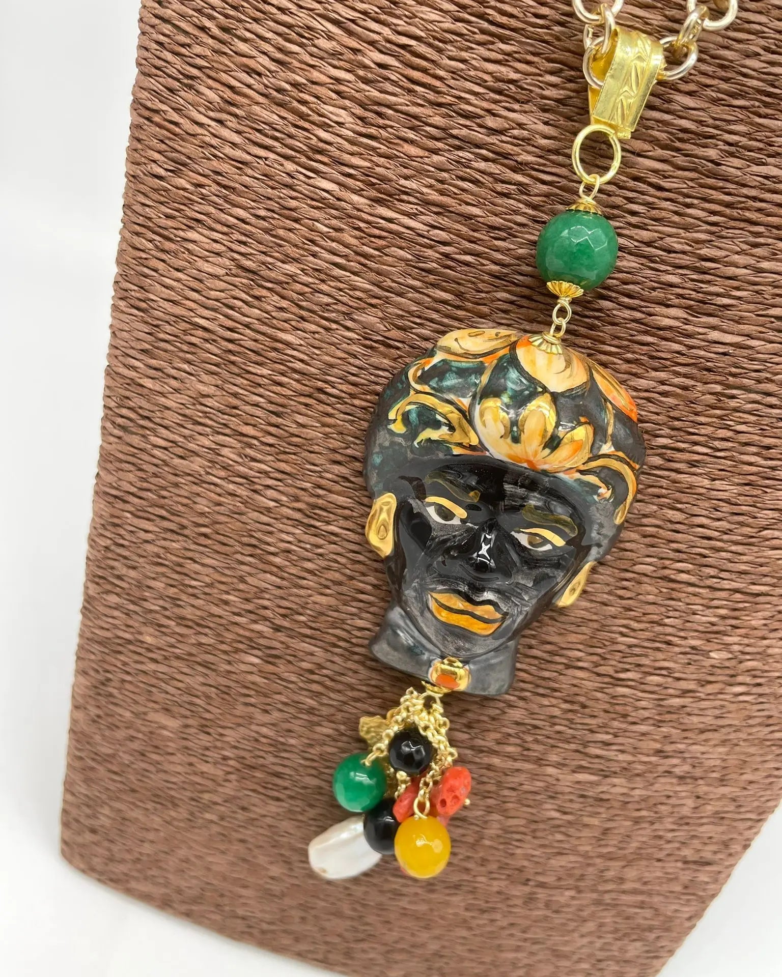 Collana Siciliana Testa di Moro Ceramica di Caltagirone Turbante Verde Decorato - DD CERAMICHE SICILIANE
