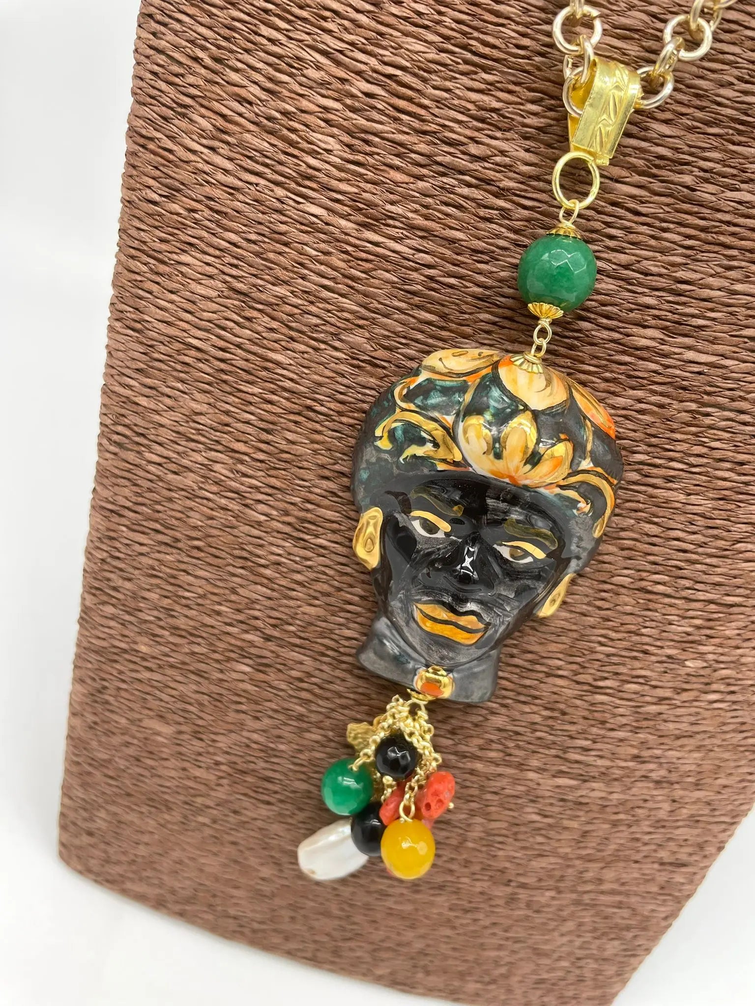 Collana Siciliana Testa di Moro Ceramica di Caltagirone Turbante Verde Decorato - DD CERAMICHE SICILIANE