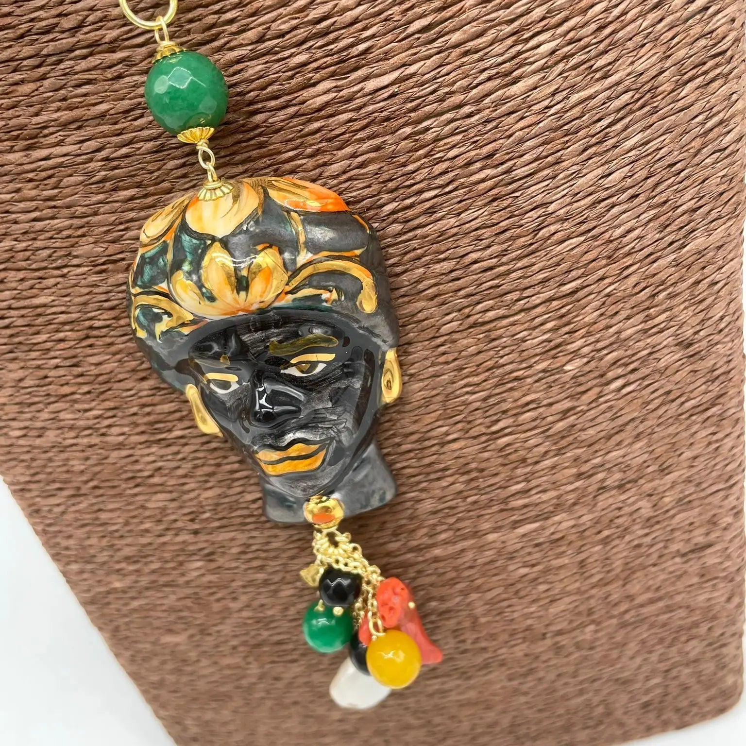 Collana Siciliana Testa di Moro Ceramica di Caltagirone Turbante Verde Decorato - DD CERAMICHE SICILIANE