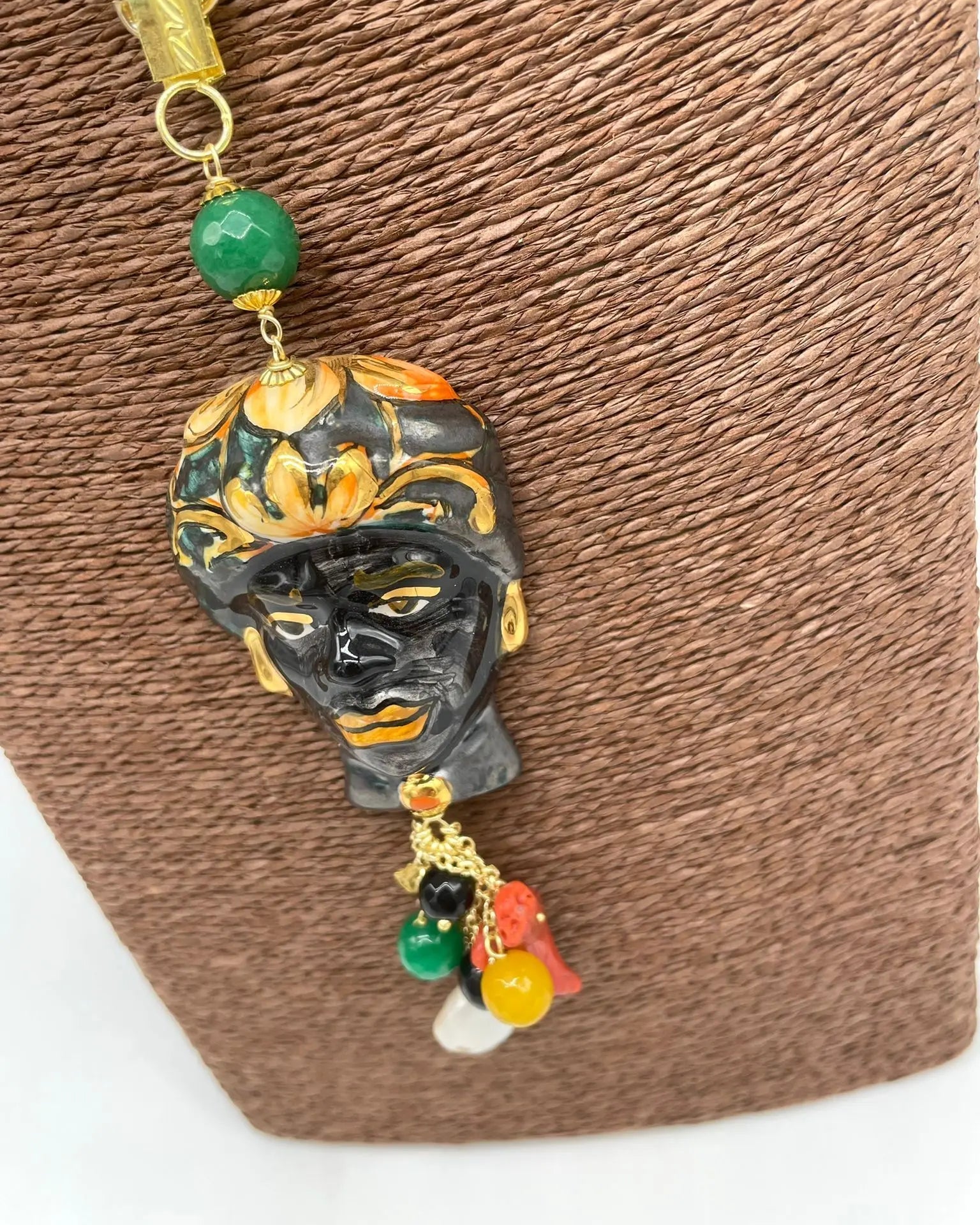 Collana Siciliana Testa di Moro Ceramica di Caltagirone Turbante Verde Decorato - DD CERAMICHE SICILIANE