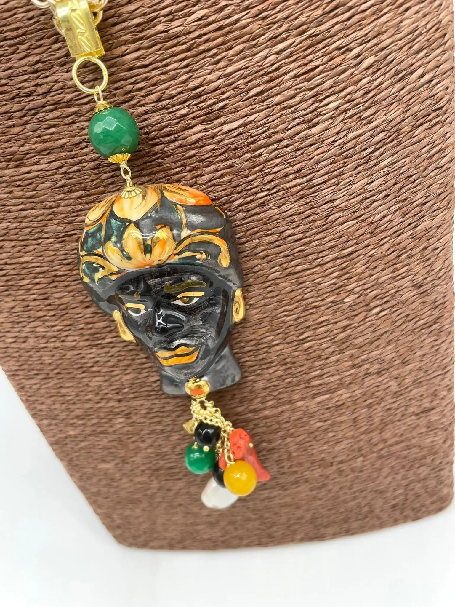 Collana Siciliana Testa di Moro Ceramica di Caltagirone Turbante Verde Decorato - DD CERAMICHE SICILIANE