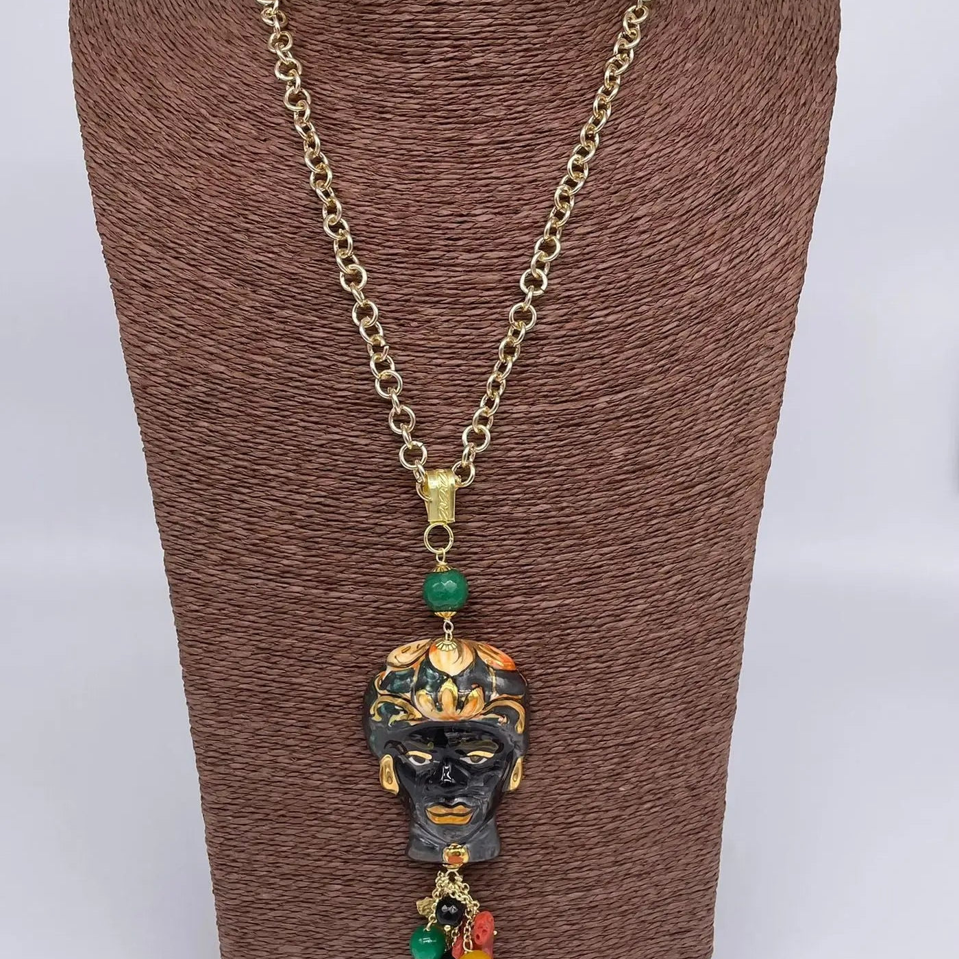 Collana Siciliana Testa di Moro Ceramica di Caltagirone Turbante Verde Decorato - DD CERAMICHE SICILIANE