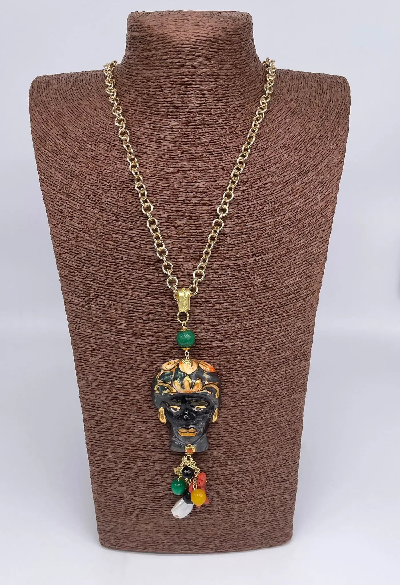 Collana Siciliana Testa di Moro Ceramica di Caltagirone Turbante Verde Decorato - DD CERAMICHE SICILIANE