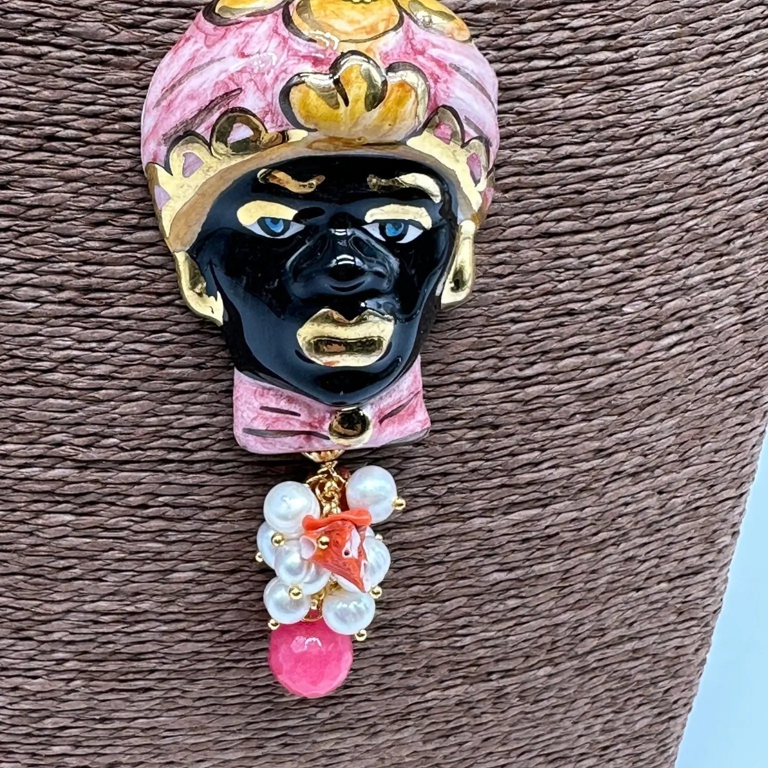 Collana Siciliana Testa di Moro Ceramica di Caltagirone Turbante Rosa Decorato - COLLANA
