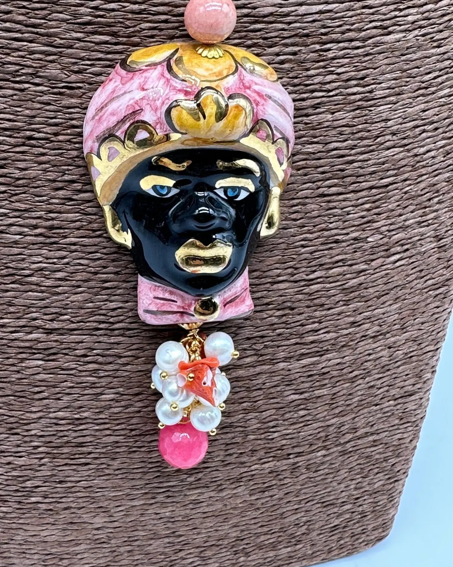 Collana Siciliana Testa di Moro Ceramica di Caltagirone Turbante Rosa Decorato - COLLANA