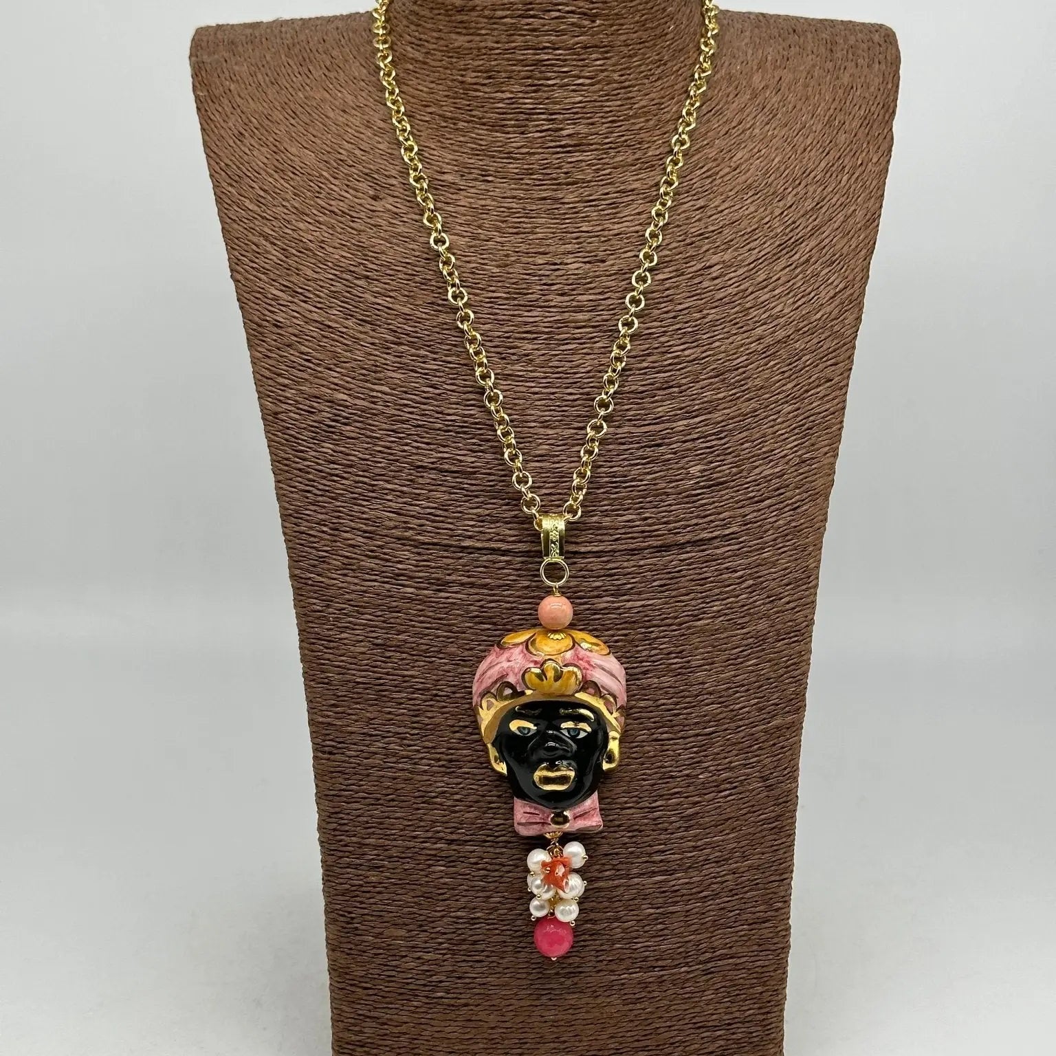 Collana Siciliana Testa di Moro Ceramica di Caltagirone Turbante Rosa Decorato - COLLANA