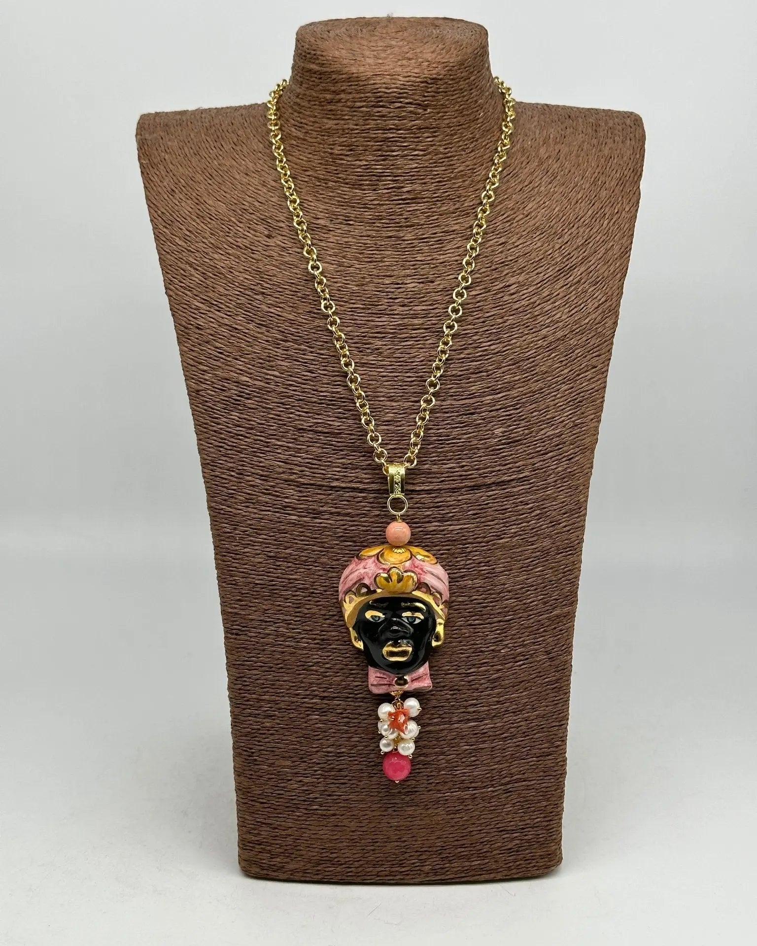 Collana Siciliana Testa di Moro Ceramica di Caltagirone Turbante Rosa Decorato - COLLANA