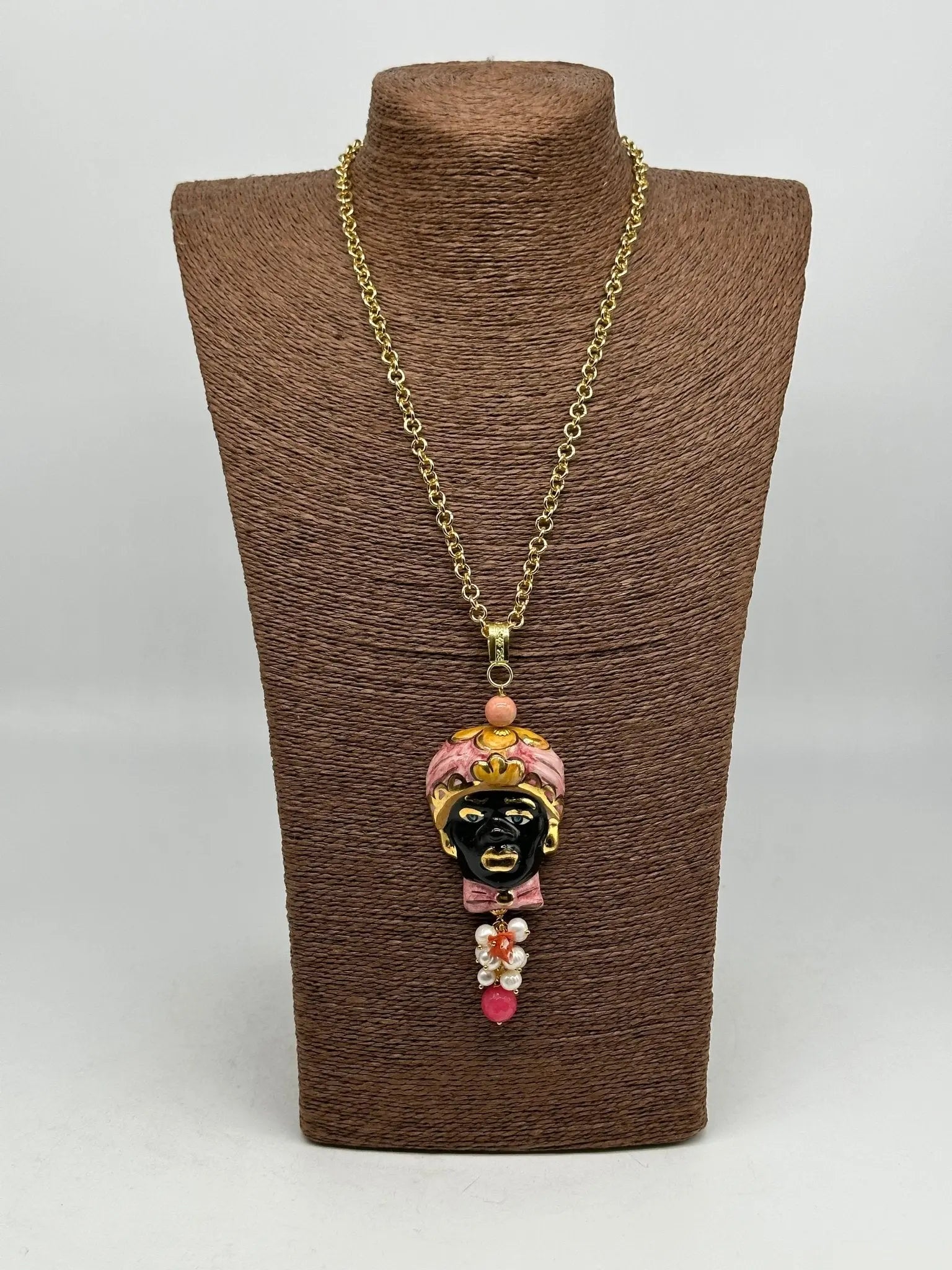 Collana Siciliana Testa di Moro Ceramica di Caltagirone Turbante Rosa Decorato - COLLANA