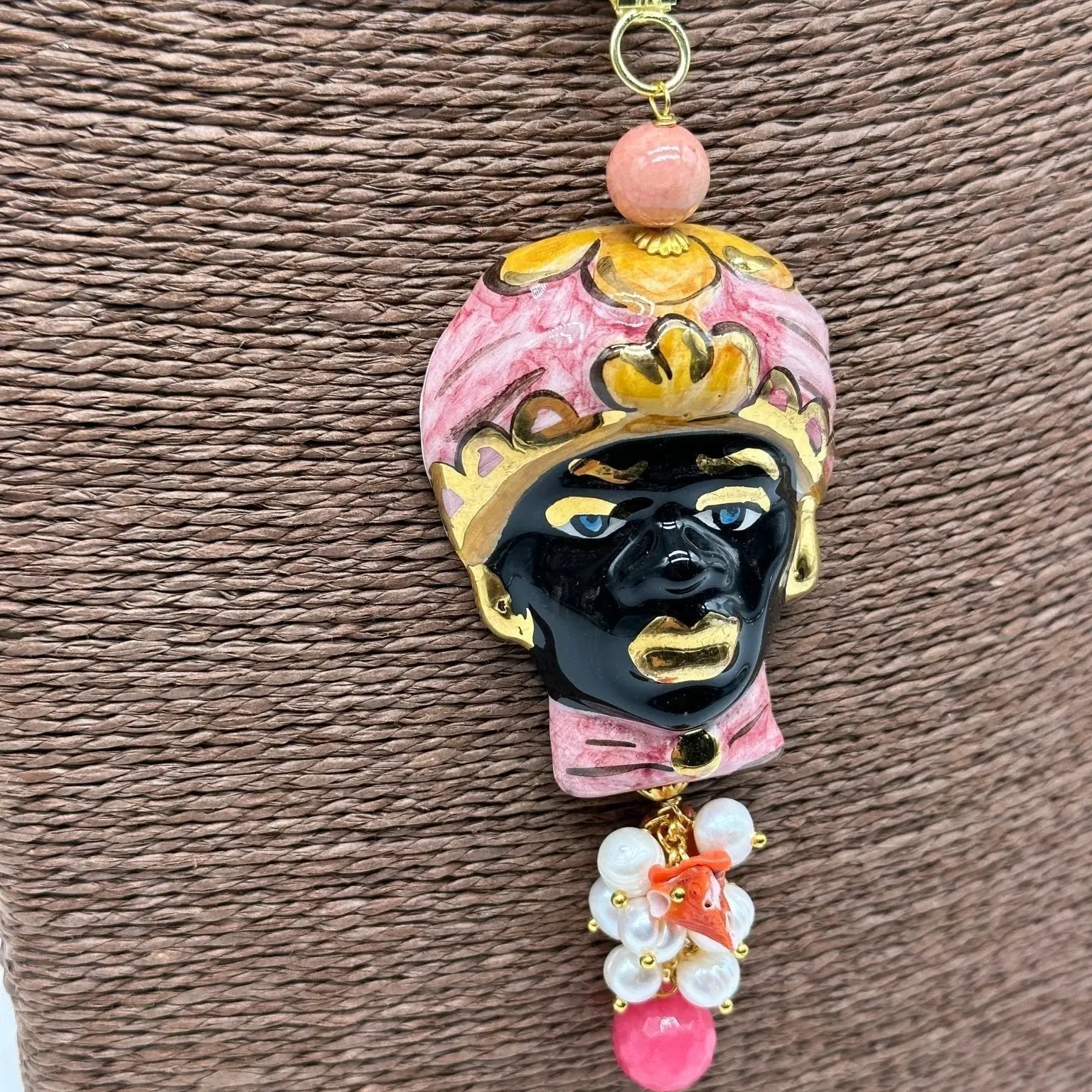 Collana Siciliana Testa di Moro Ceramica di Caltagirone Turbante Rosa Decorato - COLLANA