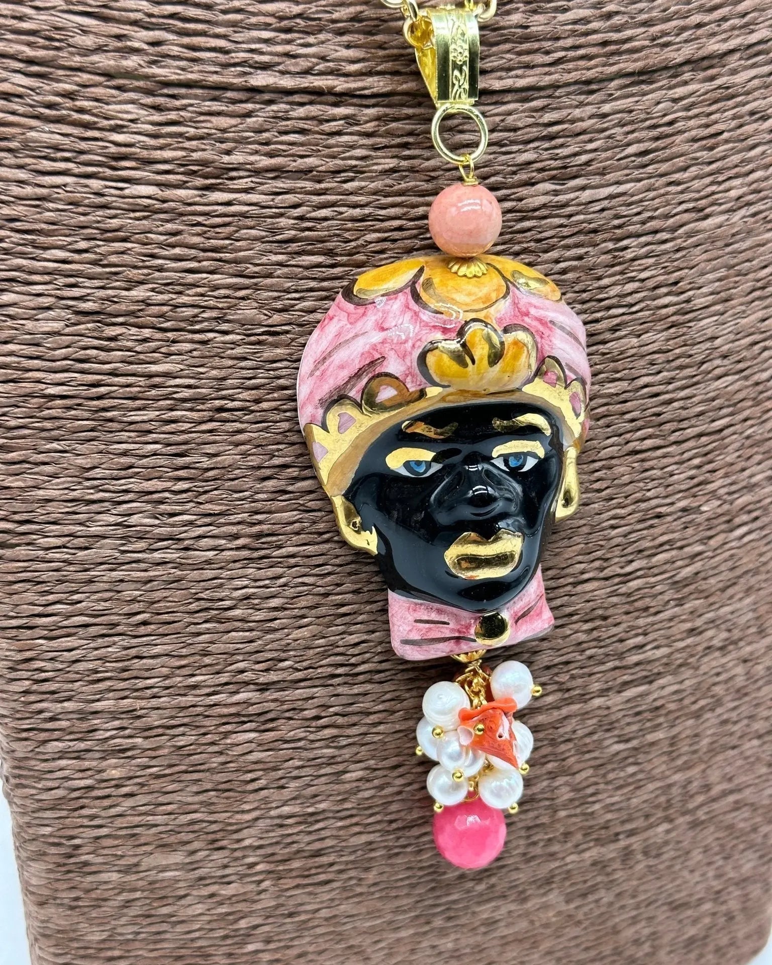 Collana Siciliana Testa di Moro Ceramica di Caltagirone Turbante Rosa Decorato - COLLANA
