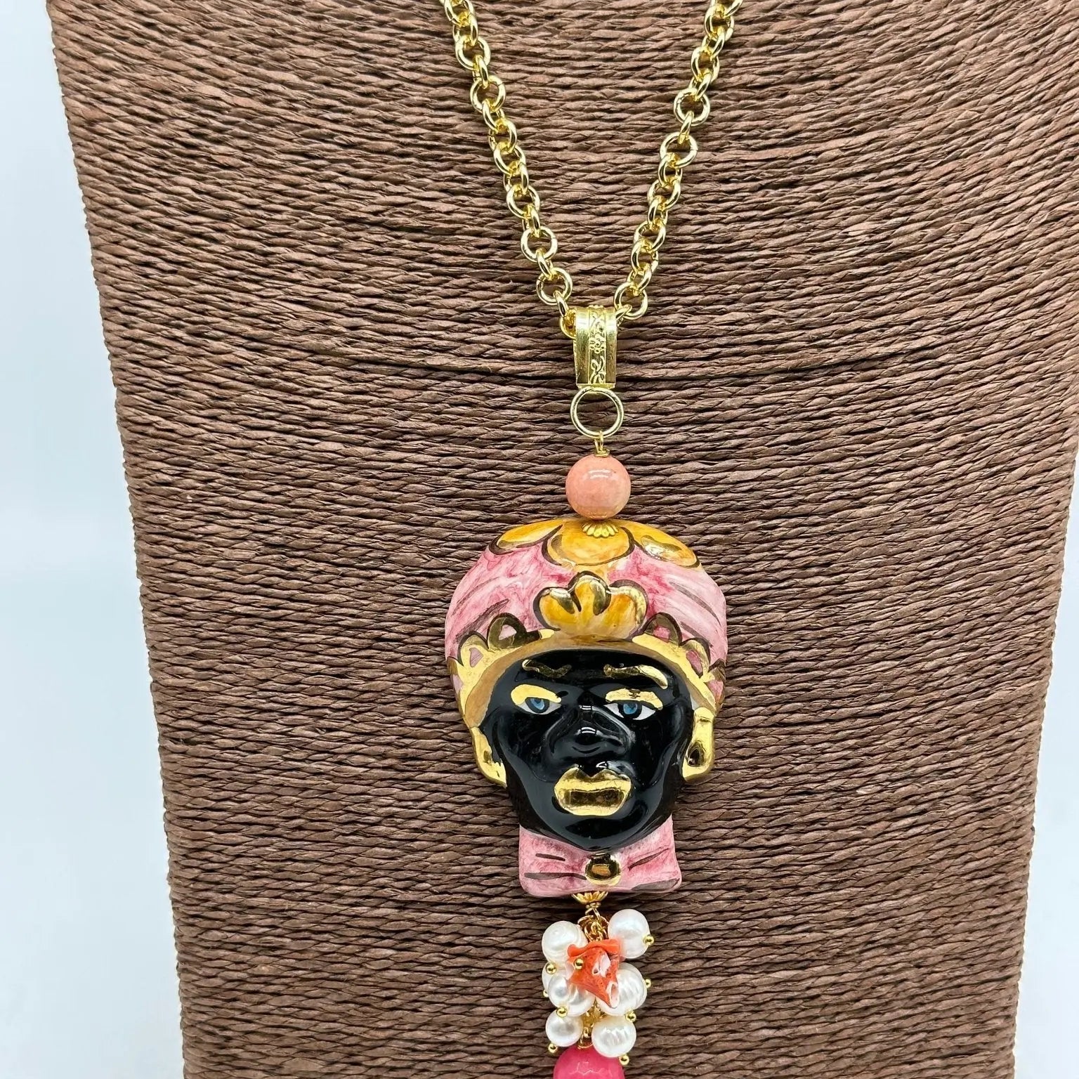 Collana Siciliana Testa di Moro Ceramica di Caltagirone Turbante Rosa Decorato - COLLANA