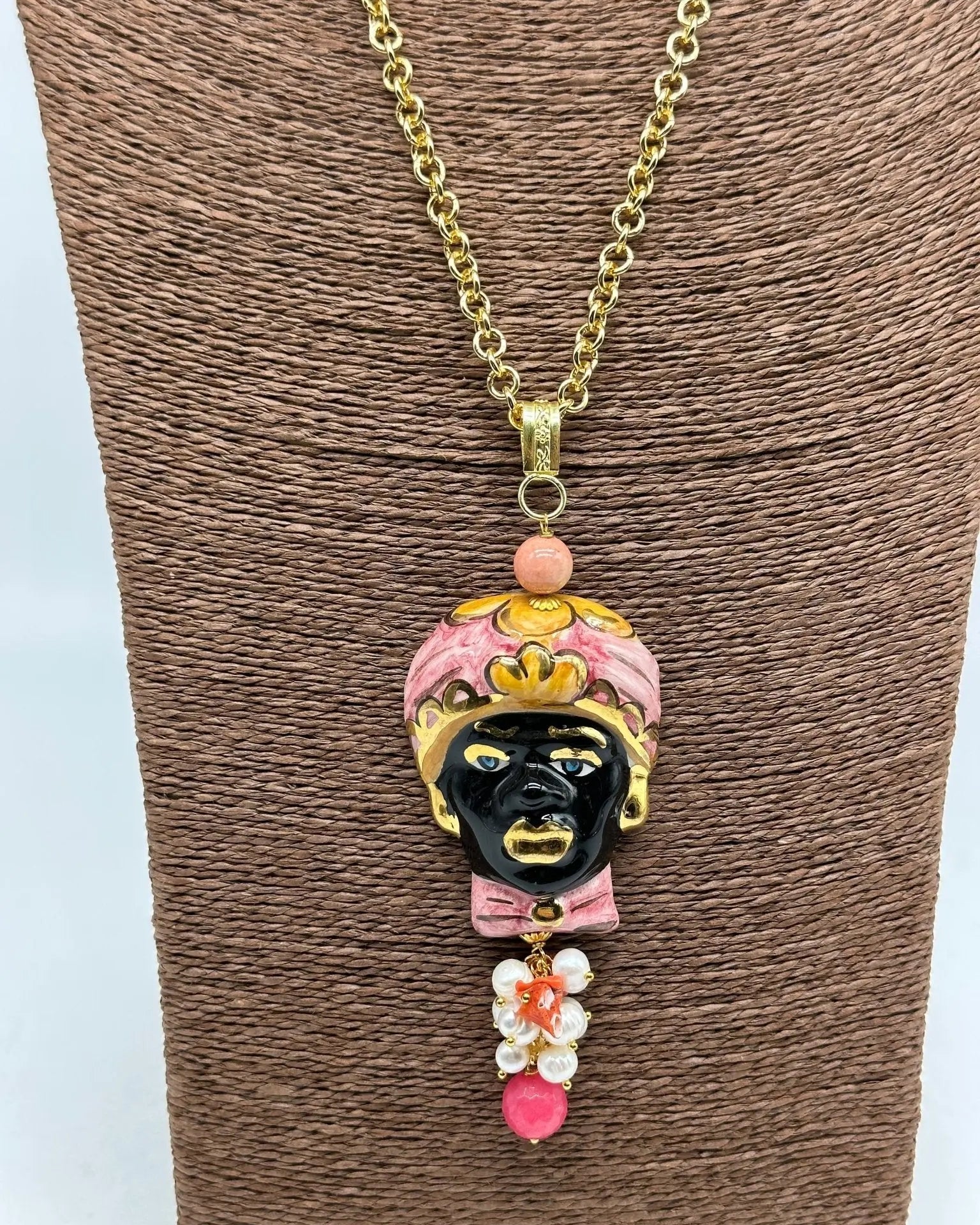 Collana Siciliana Testa di Moro Ceramica di Caltagirone Turbante Rosa Decorato - COLLANA