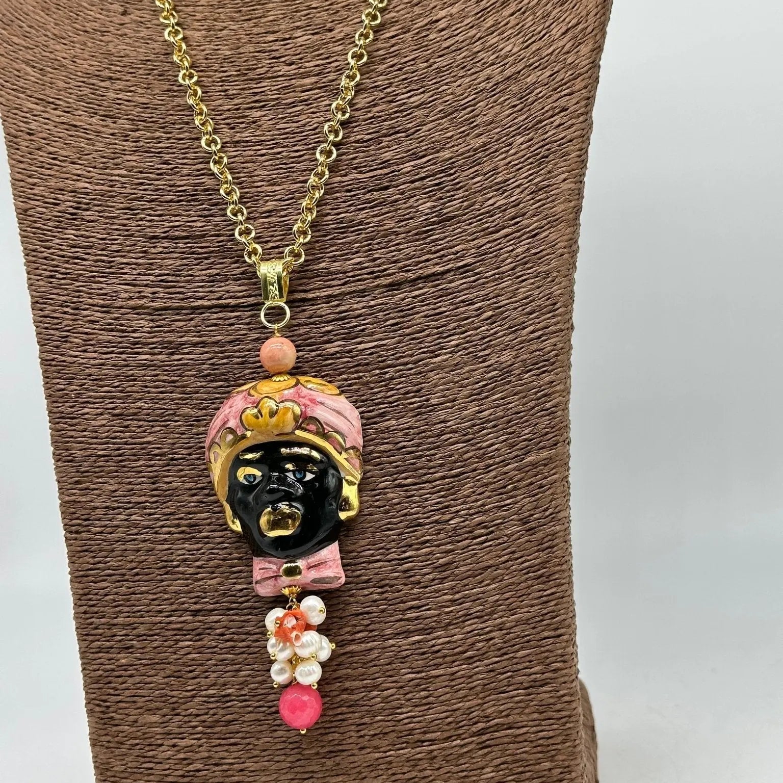 Collana Siciliana Testa di Moro Ceramica di Caltagirone Turbante Rosa Decorato - COLLANA