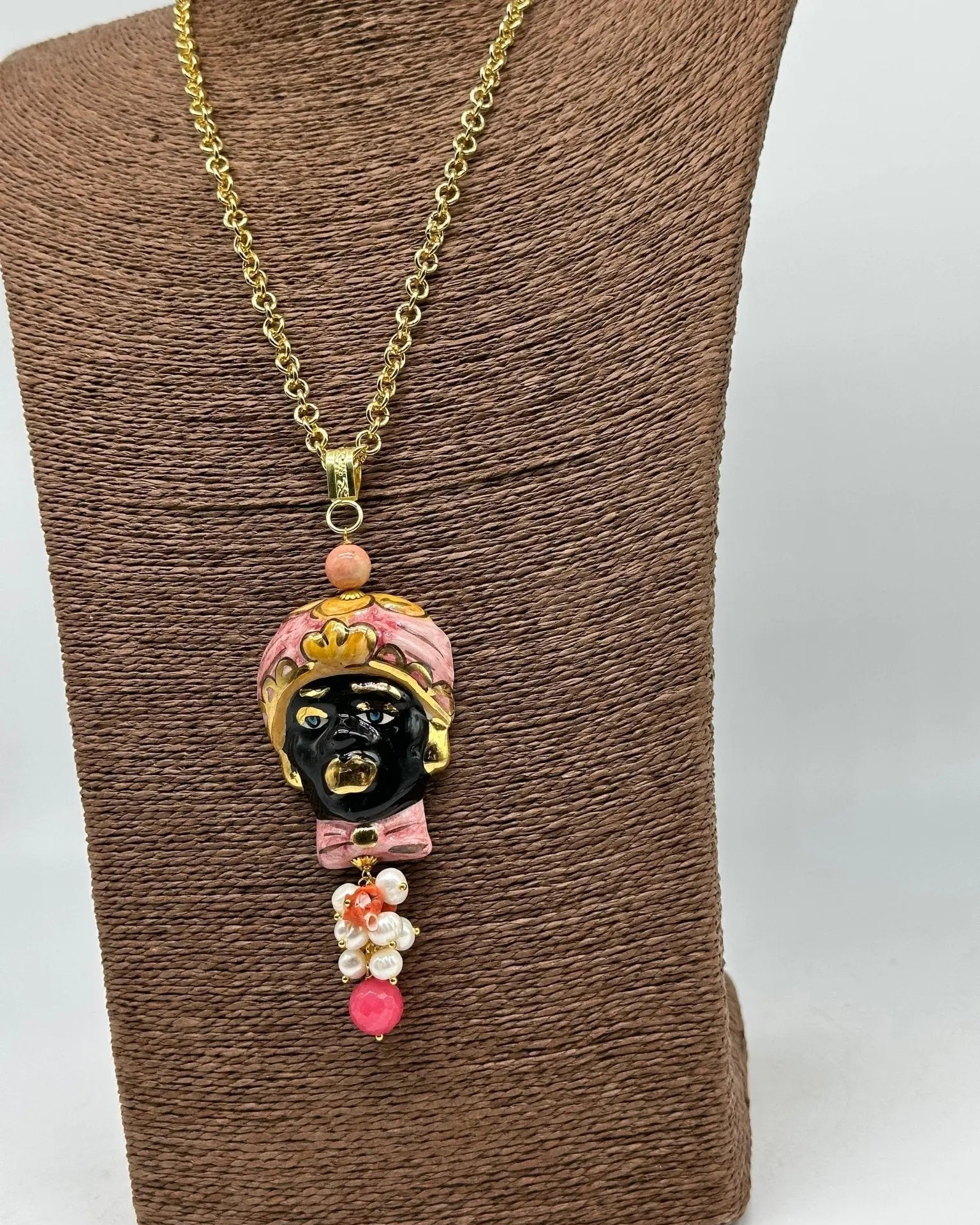 Collana Siciliana Testa di Moro Ceramica di Caltagirone Turbante Rosa Decorato - COLLANA