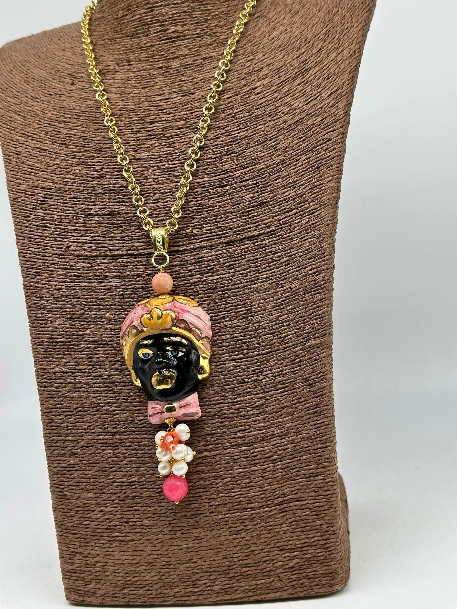 Collana Siciliana Testa di Moro Ceramica di Caltagirone Turbante Rosa Decorato - COLLANA