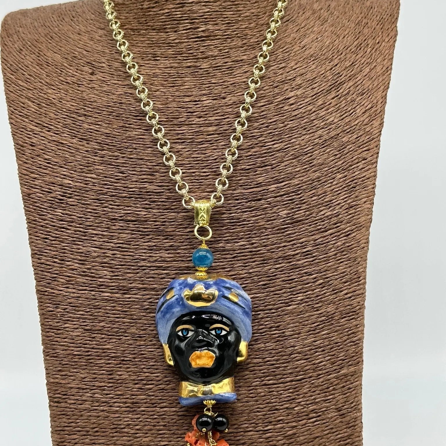 Collana Siciliana Testa di Moro Ceramica di Caltagirone Turbante Blu Decorato - COLLANA