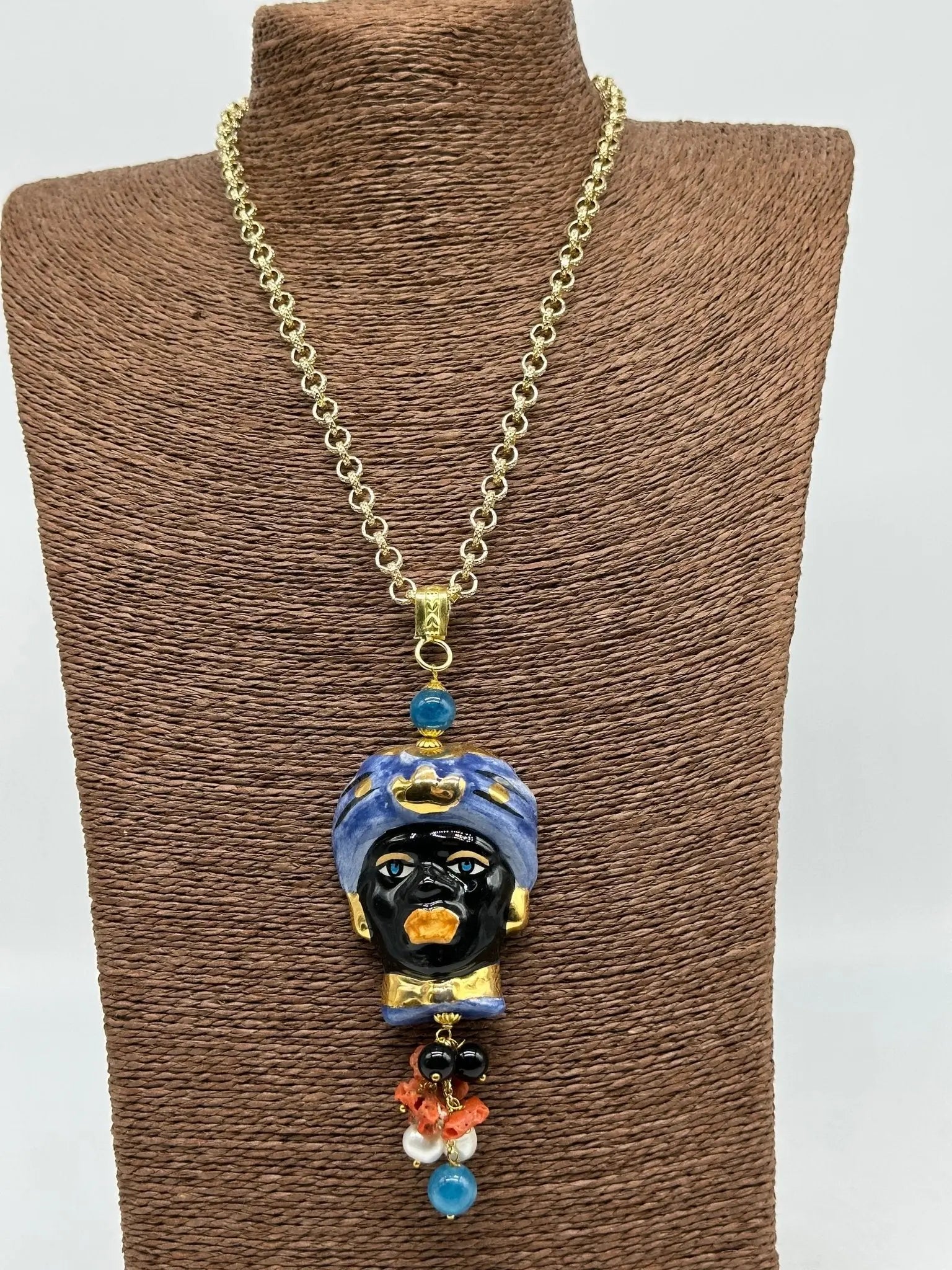 Collana Siciliana Testa di Moro Ceramica di Caltagirone Turbante Blu Decorato - COLLANA