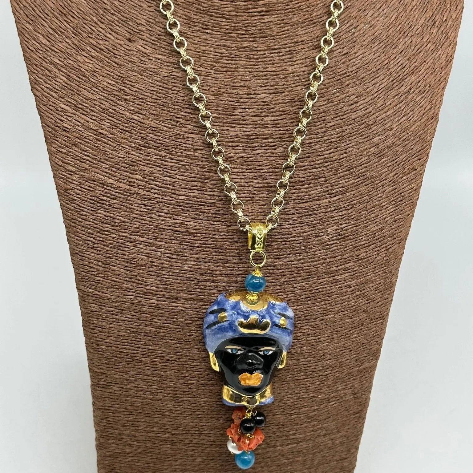 Collana Siciliana Testa di Moro Ceramica di Caltagirone Turbante Blu Decorato - COLLANA