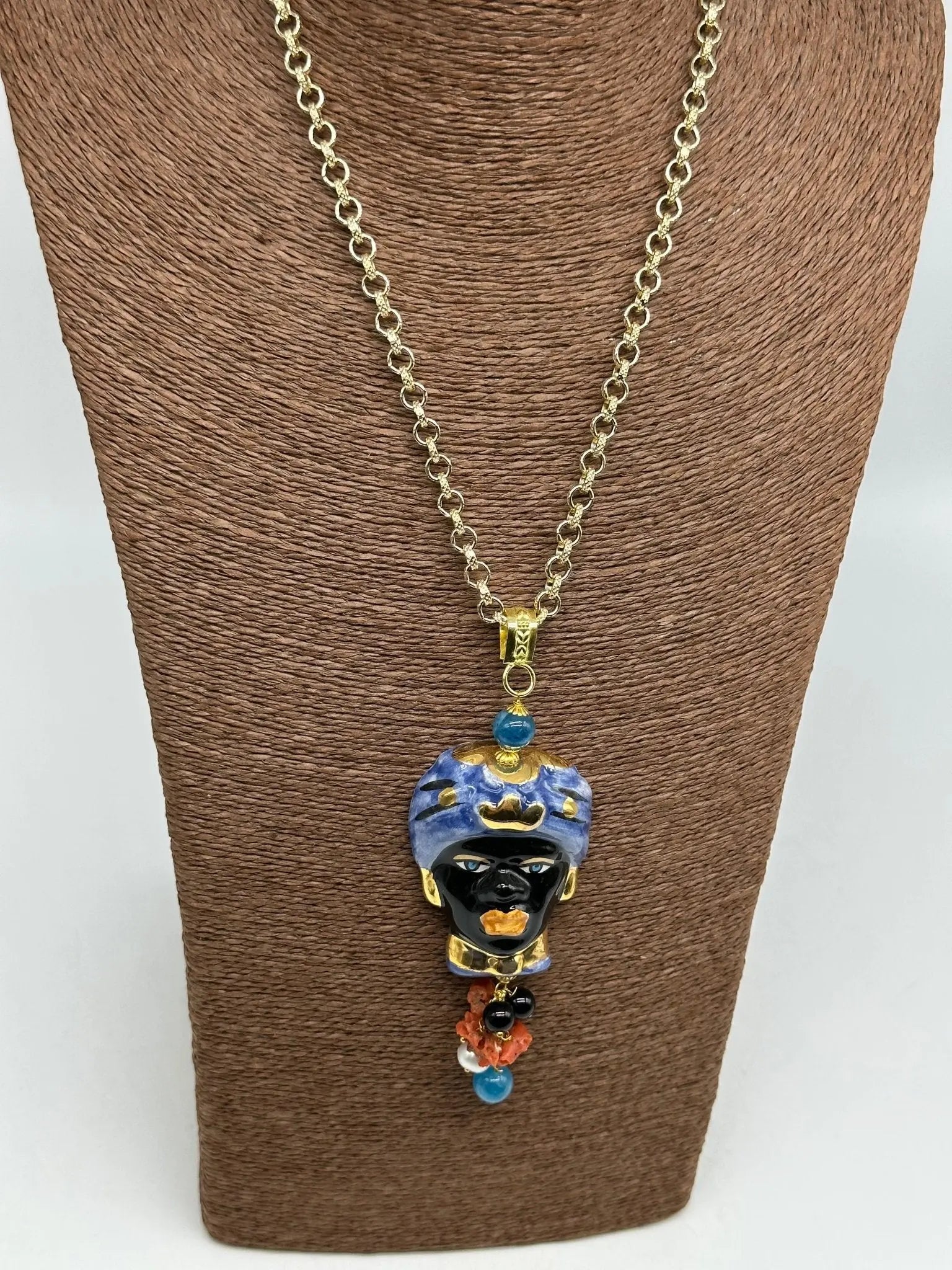 Collana Siciliana Testa di Moro Ceramica di Caltagirone Turbante Blu Decorato - COLLANA