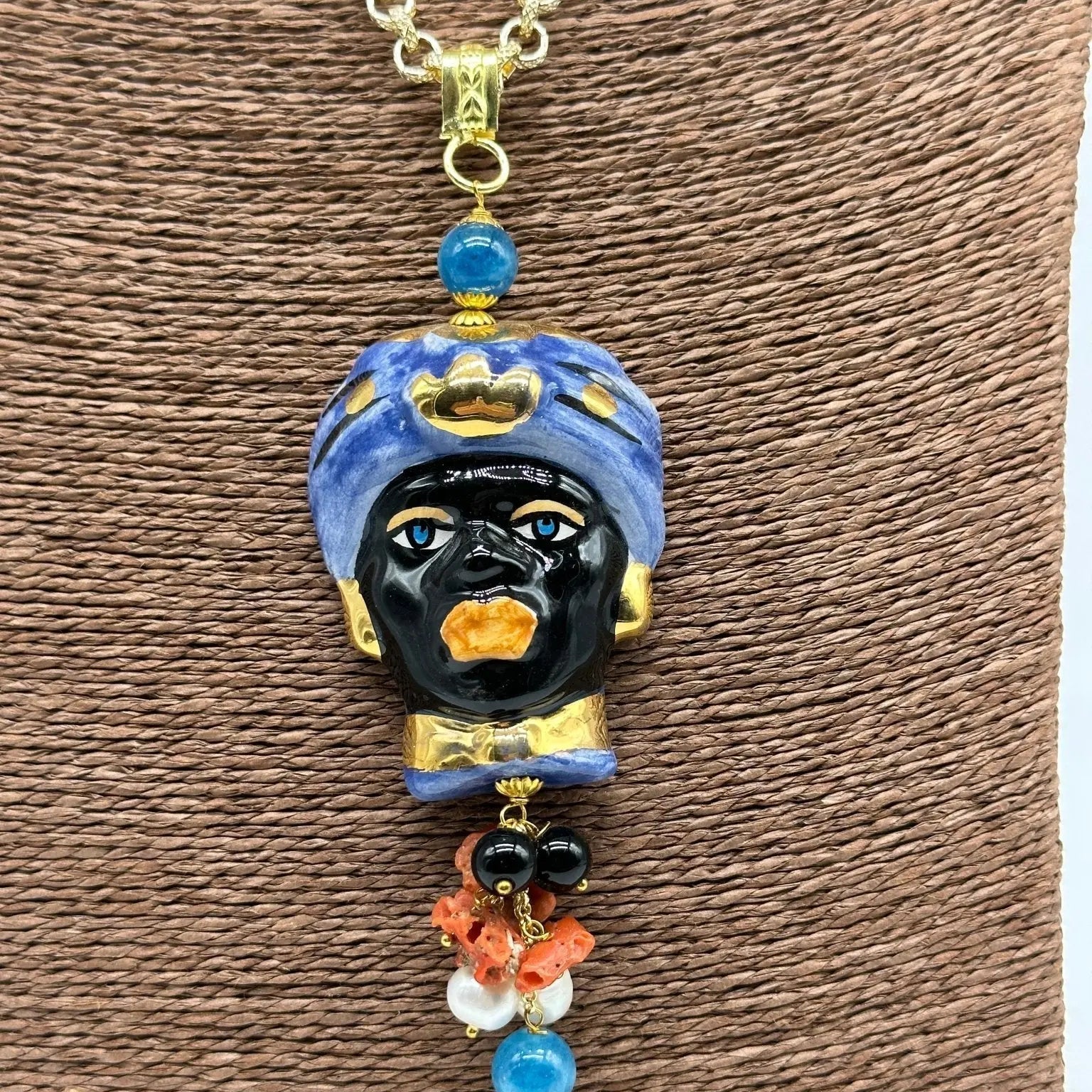 Collana Siciliana Testa di Moro Ceramica di Caltagirone Turbante Blu Decorato - COLLANA