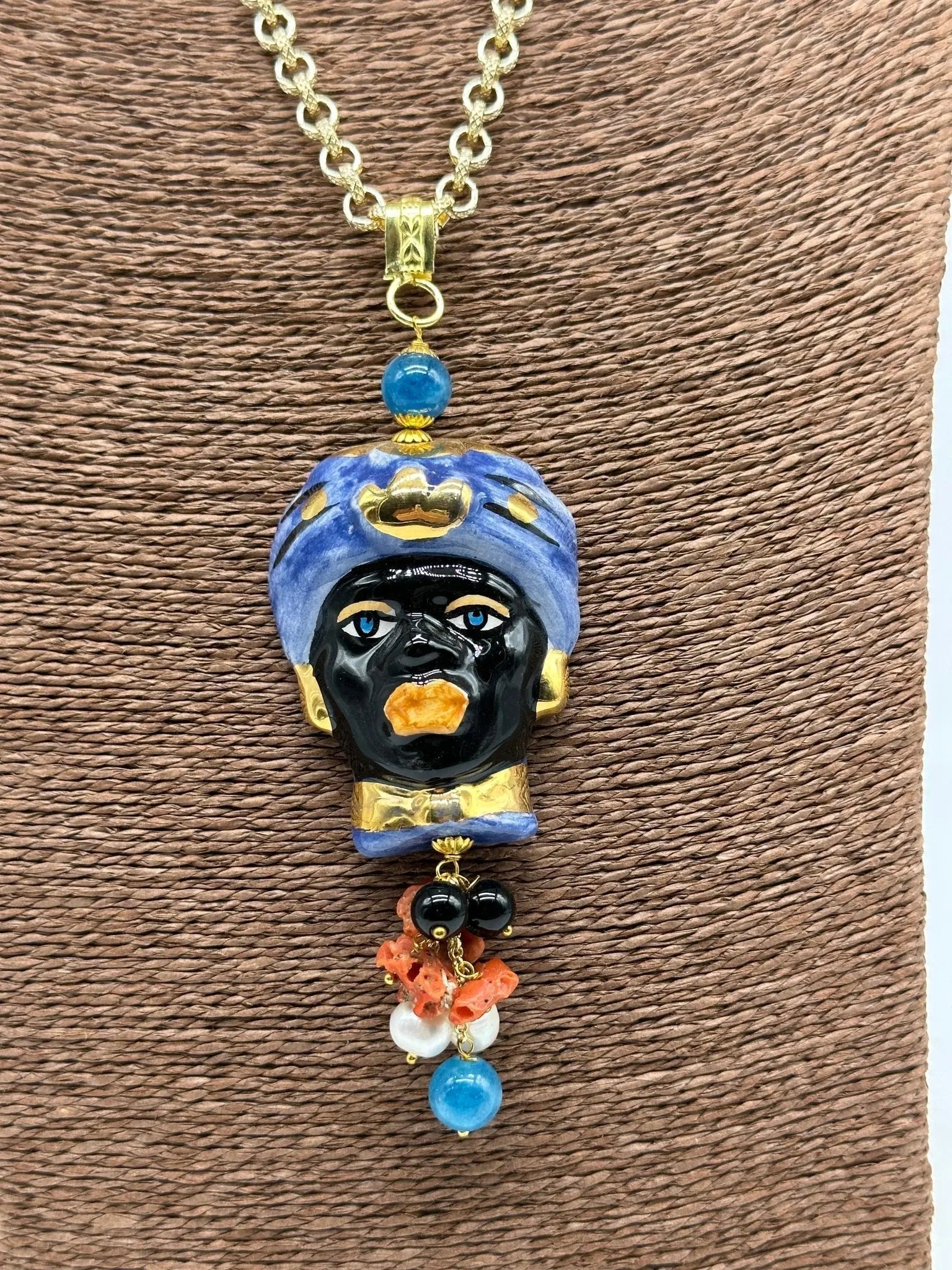 Collana Siciliana Testa di Moro Ceramica di Caltagirone Turbante Blu Decorato - COLLANA