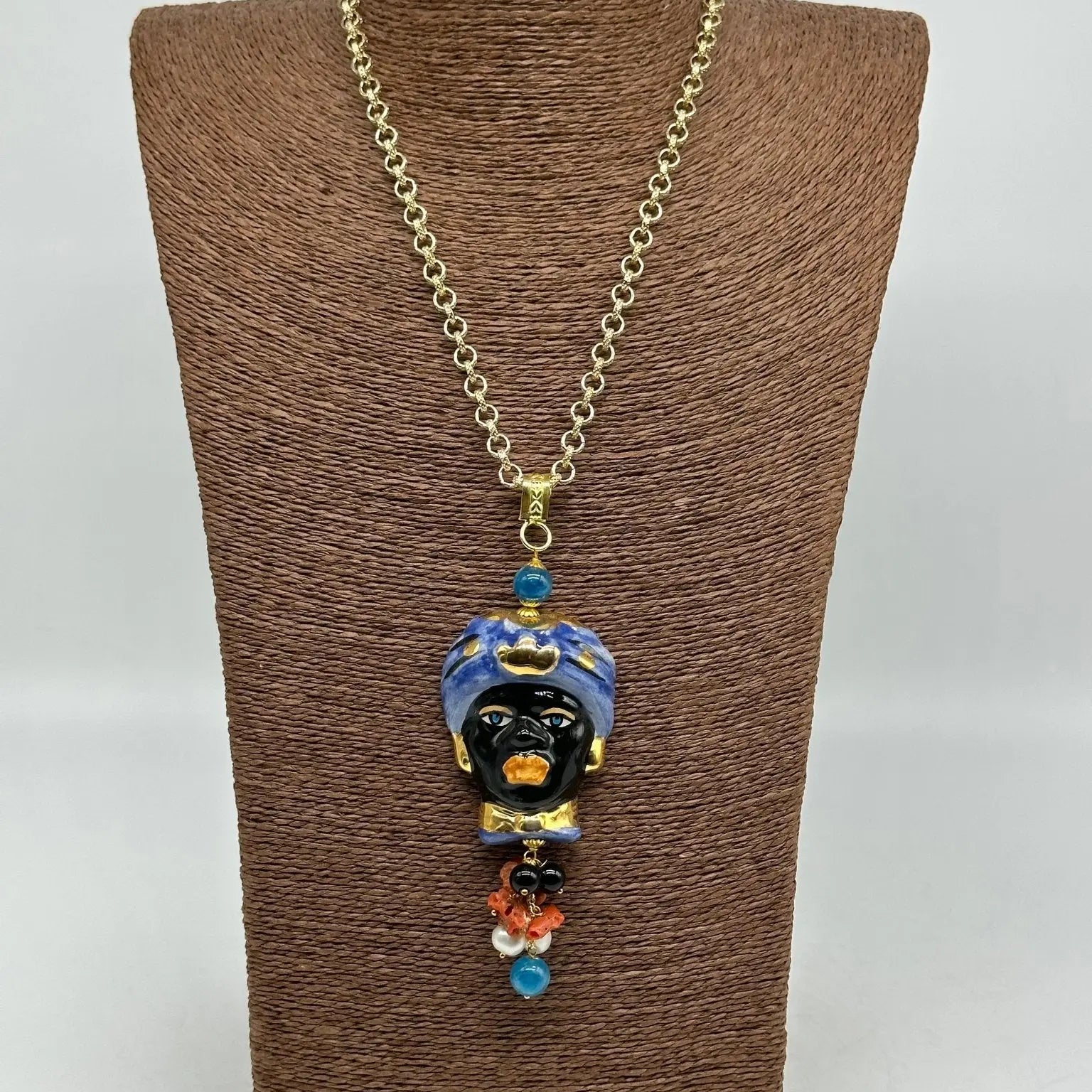 Collana Siciliana Testa di Moro Ceramica di Caltagirone Turbante Blu Decorato - COLLANA