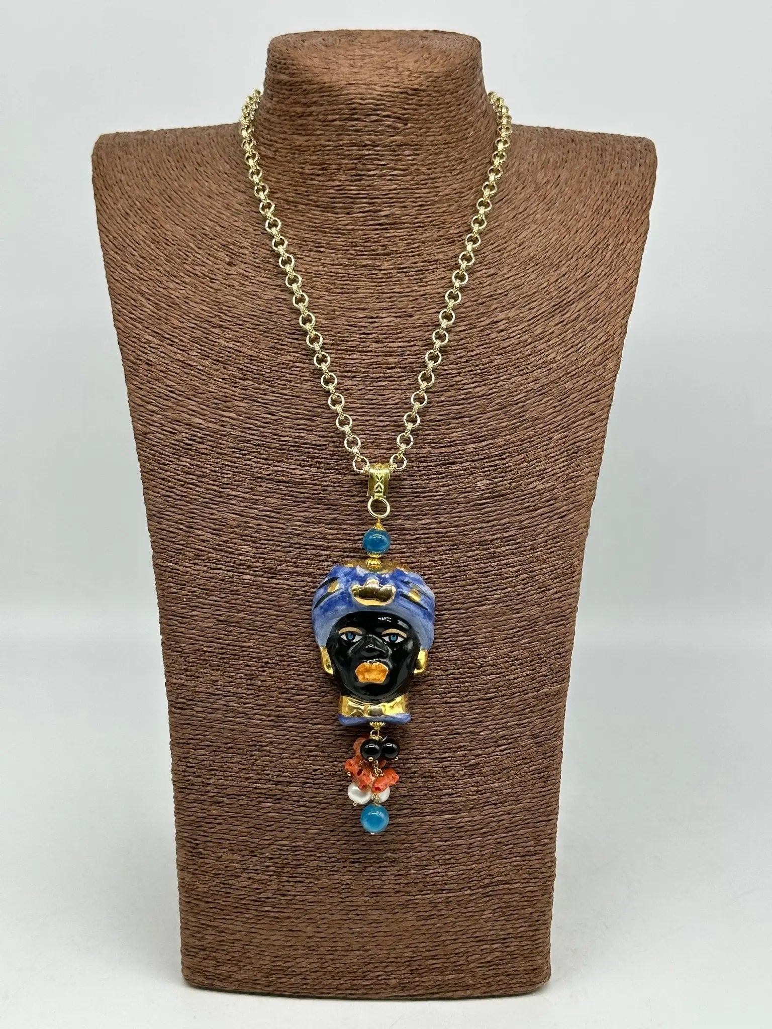 Collana Siciliana Testa di Moro Ceramica di Caltagirone Turbante Blu Decorato - COLLANA