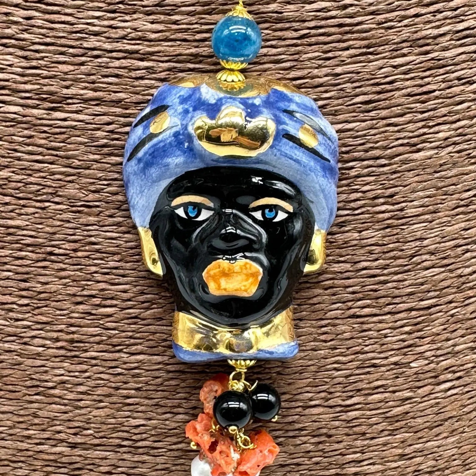 Collana Siciliana Testa di Moro Ceramica di Caltagirone Turbante Blu Decorato - COLLANA