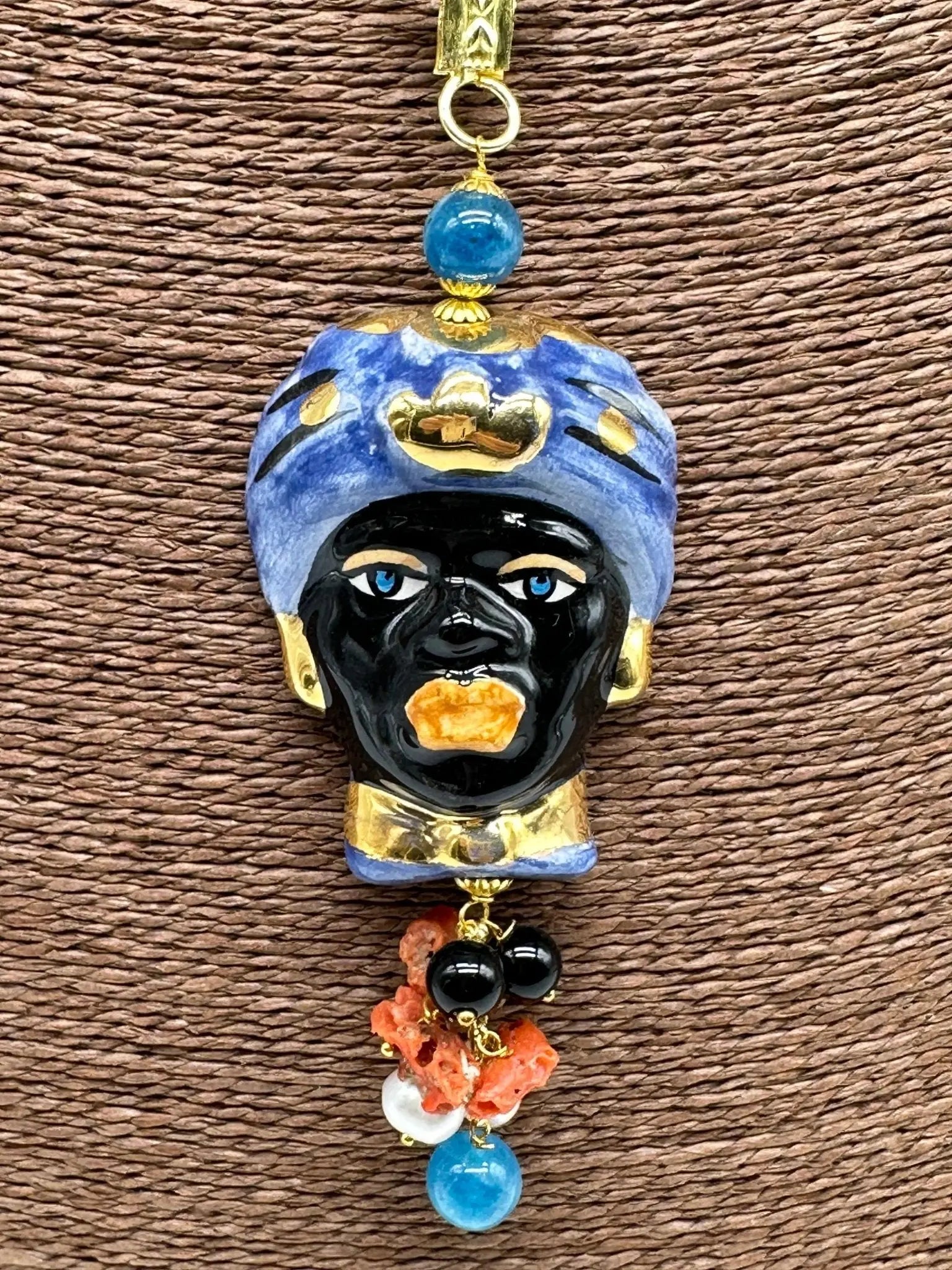 Collana Siciliana Testa di Moro Ceramica di Caltagirone Turbante Blu Decorato - COLLANA