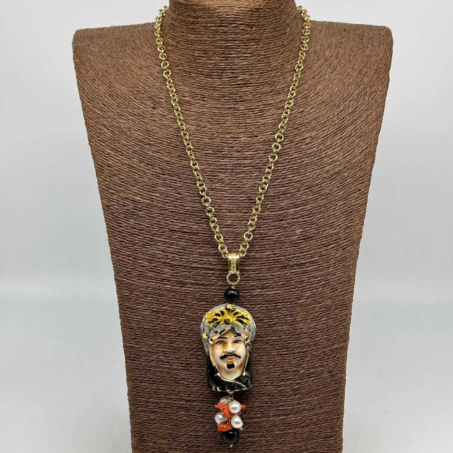 Collana Siciliana Testa di Moro Ceramica di Caltagirone Turbante Celeste Nero - COLLANA