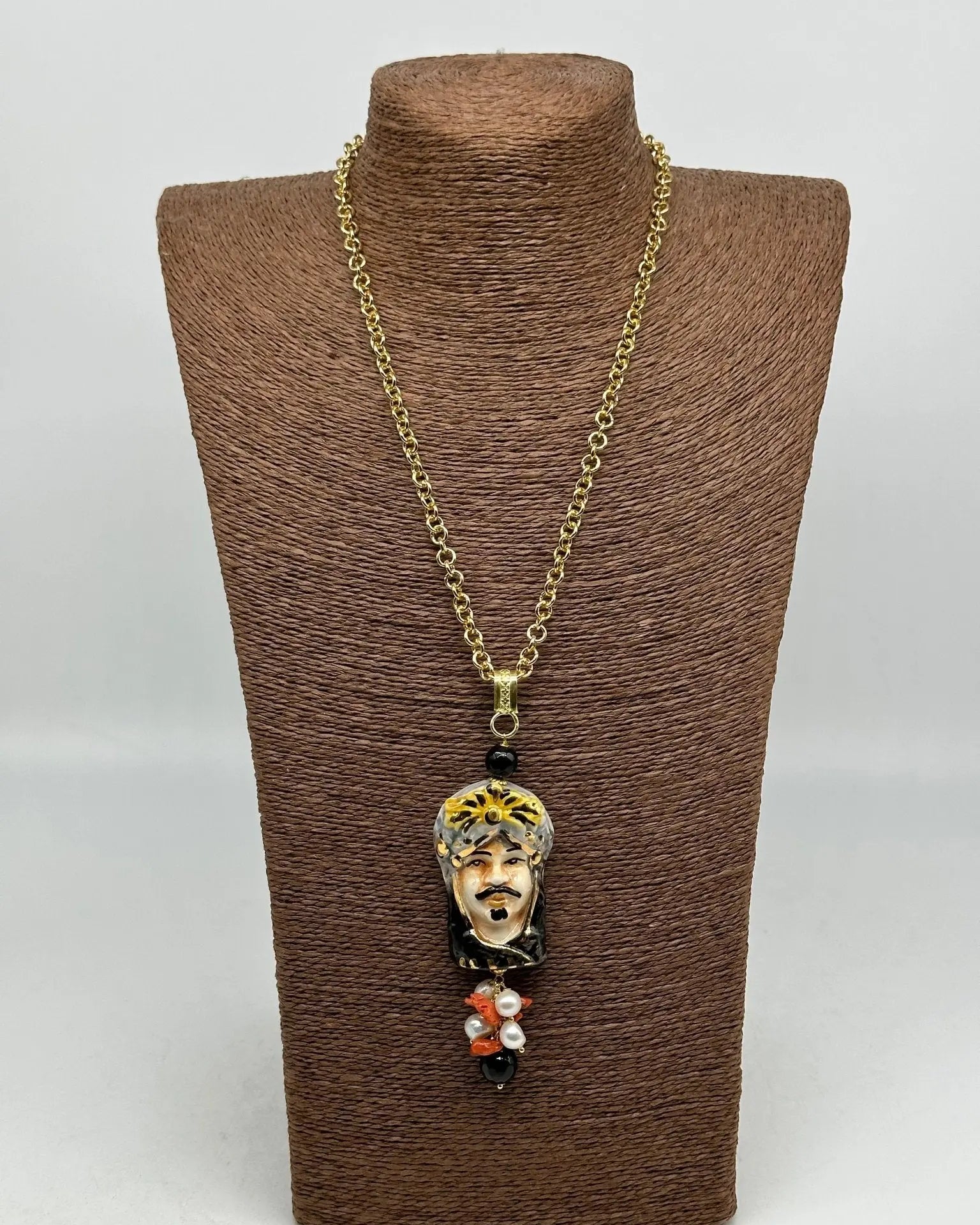 Collana Siciliana Testa di Moro Ceramica di Caltagirone Turbante Celeste Nero - COLLANA