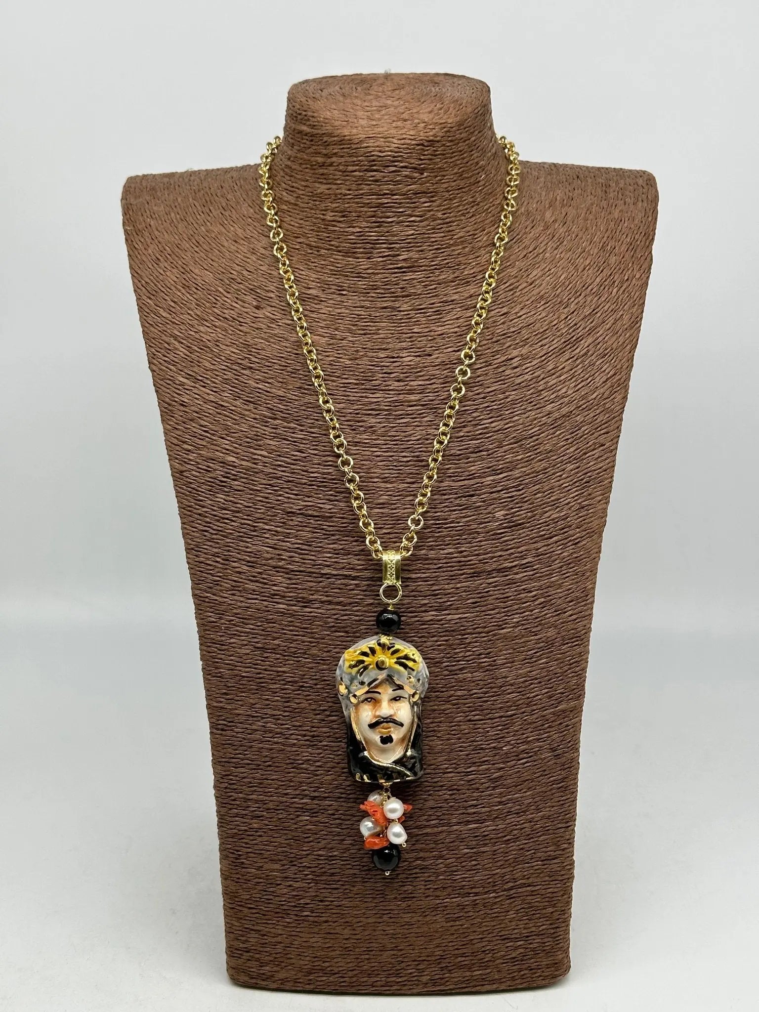 Collana Siciliana Testa di Moro Ceramica di Caltagirone Turbante Celeste Nero - COLLANA