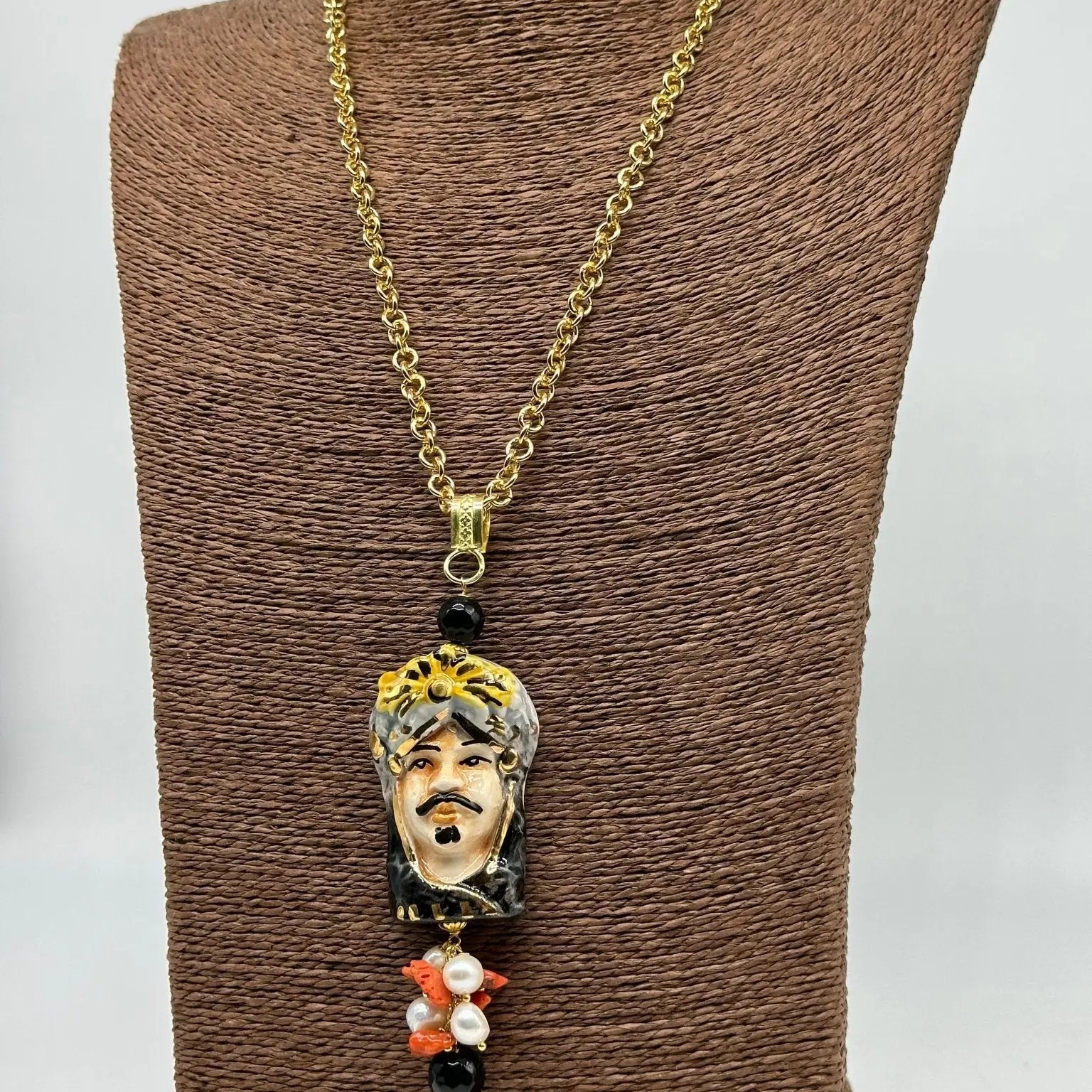Collana Siciliana Testa di Moro Ceramica di Caltagirone Turbante Celeste Nero - COLLANA